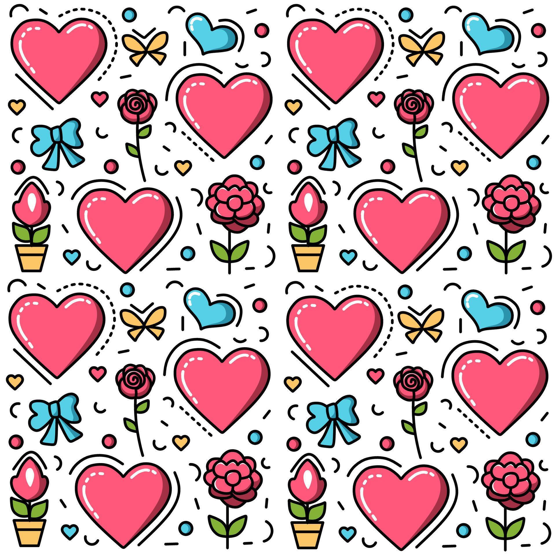 Charming Love, Pink, Blue, Yellow, and Green Pattern with Flowers and Ribbons Stock Free