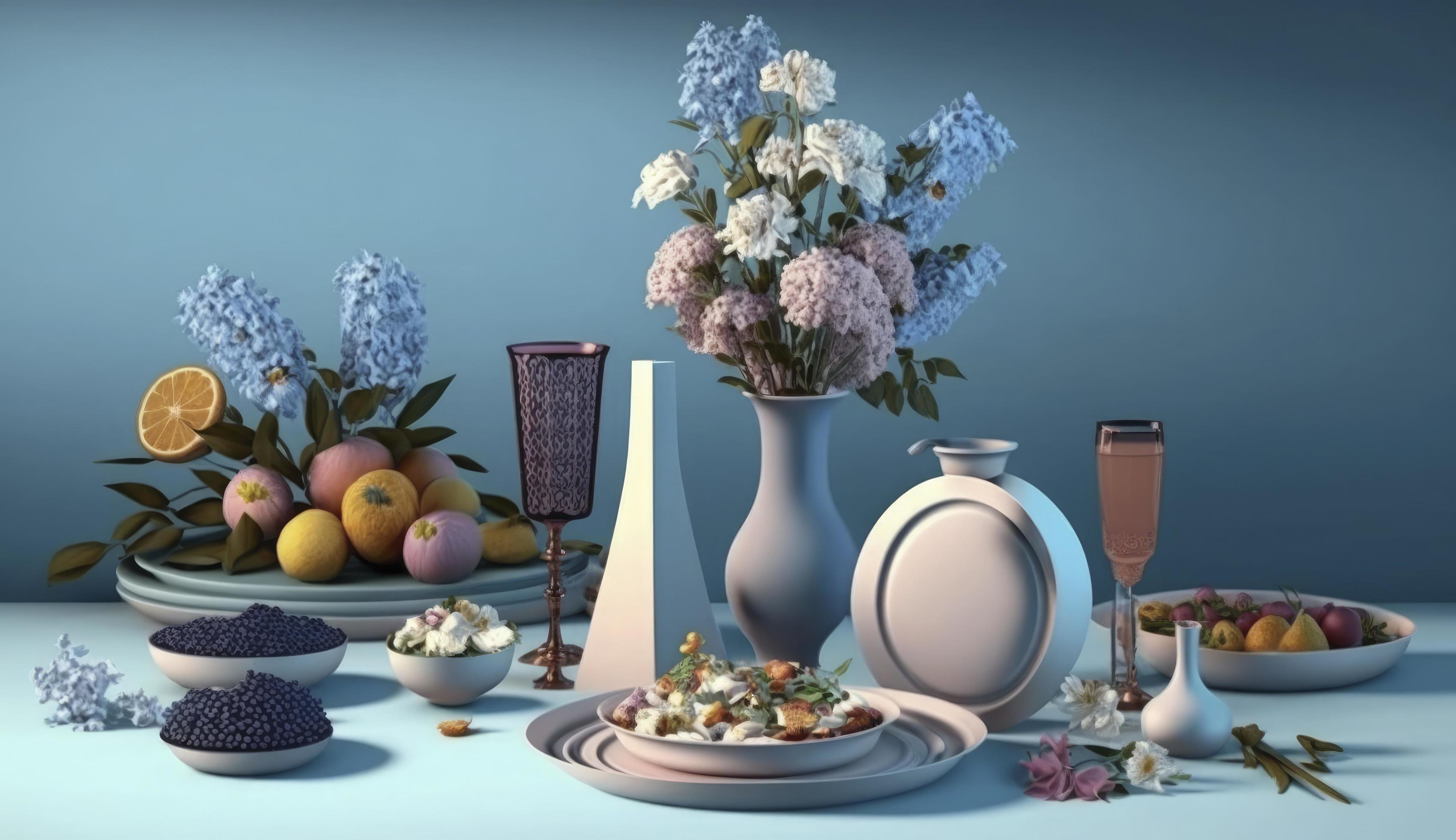 Iftar meals and gatherings with flowers , pastel colors, on blue background. Creativity of human.3d render and illustration, Generate Ai Stock Free