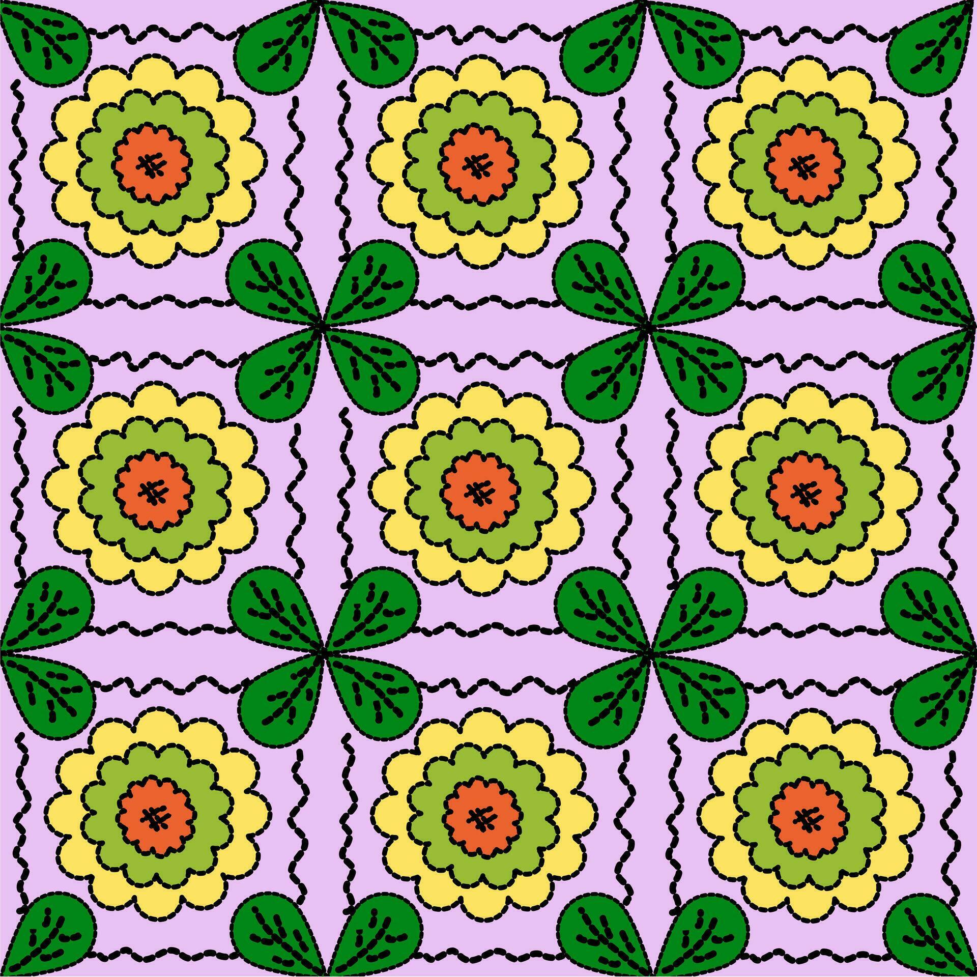 Seamless Pattern colorful flowers and green leaves, art and design Stock Free and Free SVG