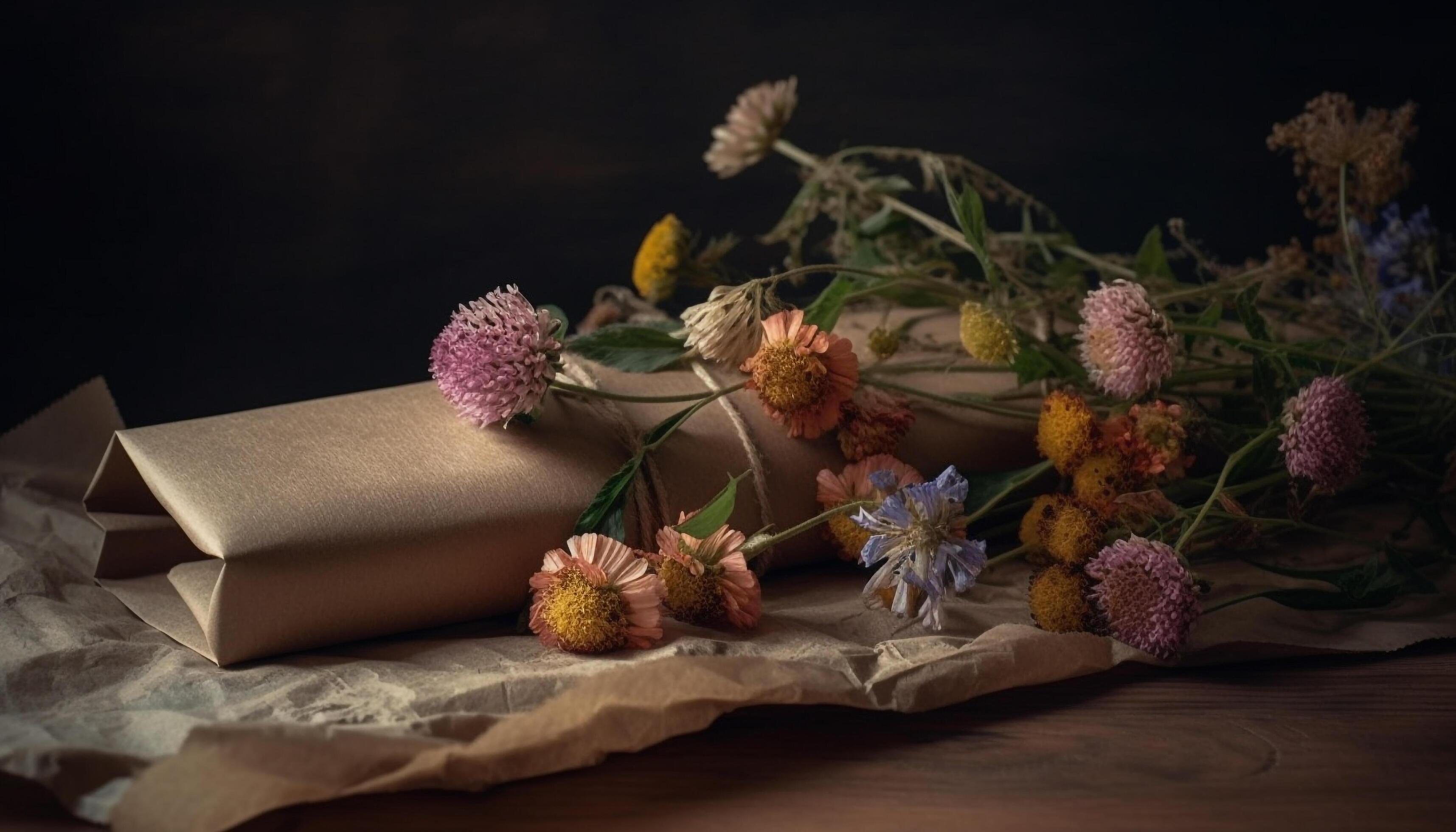 Fresh bouquet of yellow flowers on rustic wooden table indoors generated by AI Stock Free