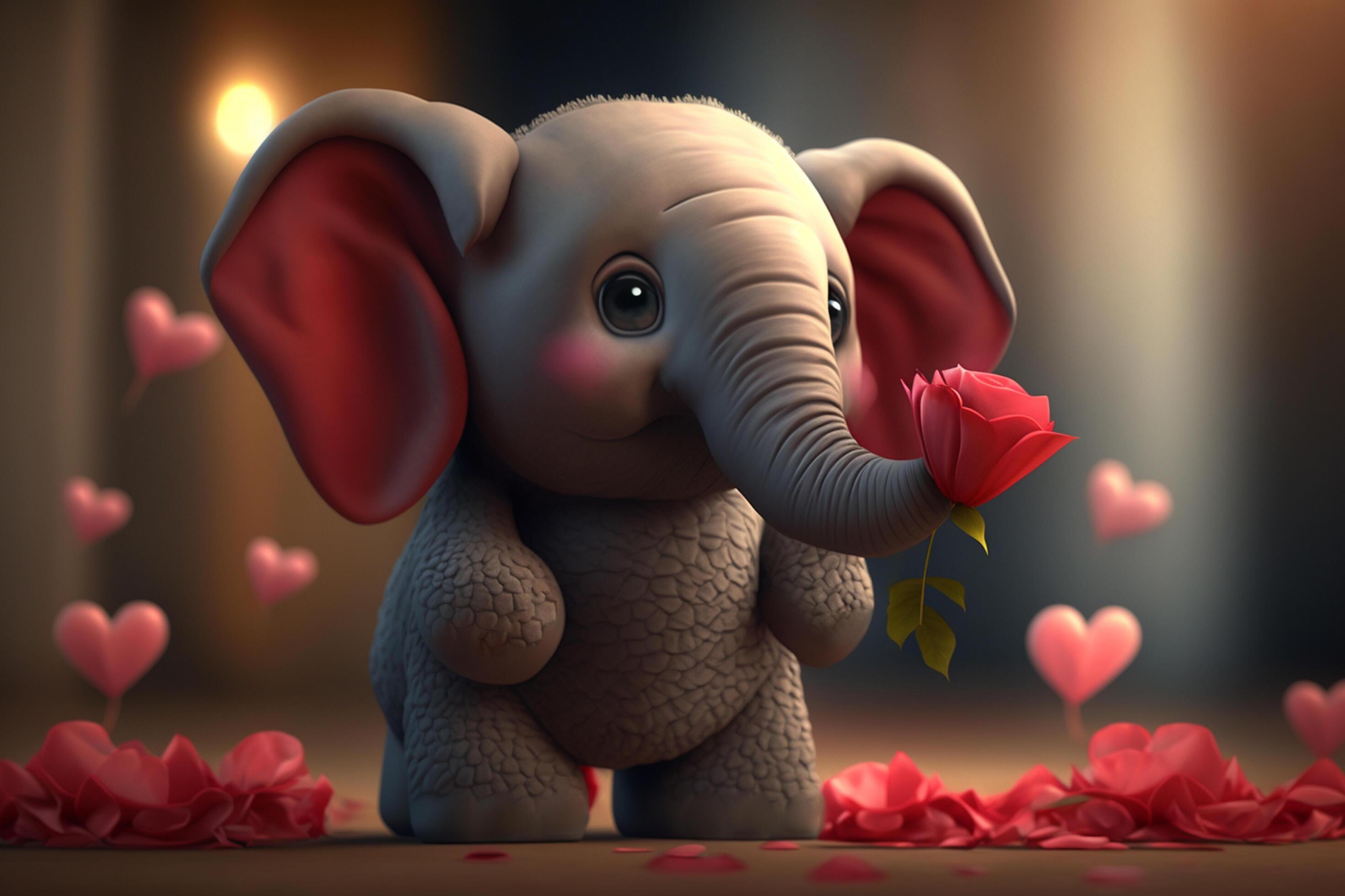 Adorable little elephant with flowers for Valentine’s Day Stock Free