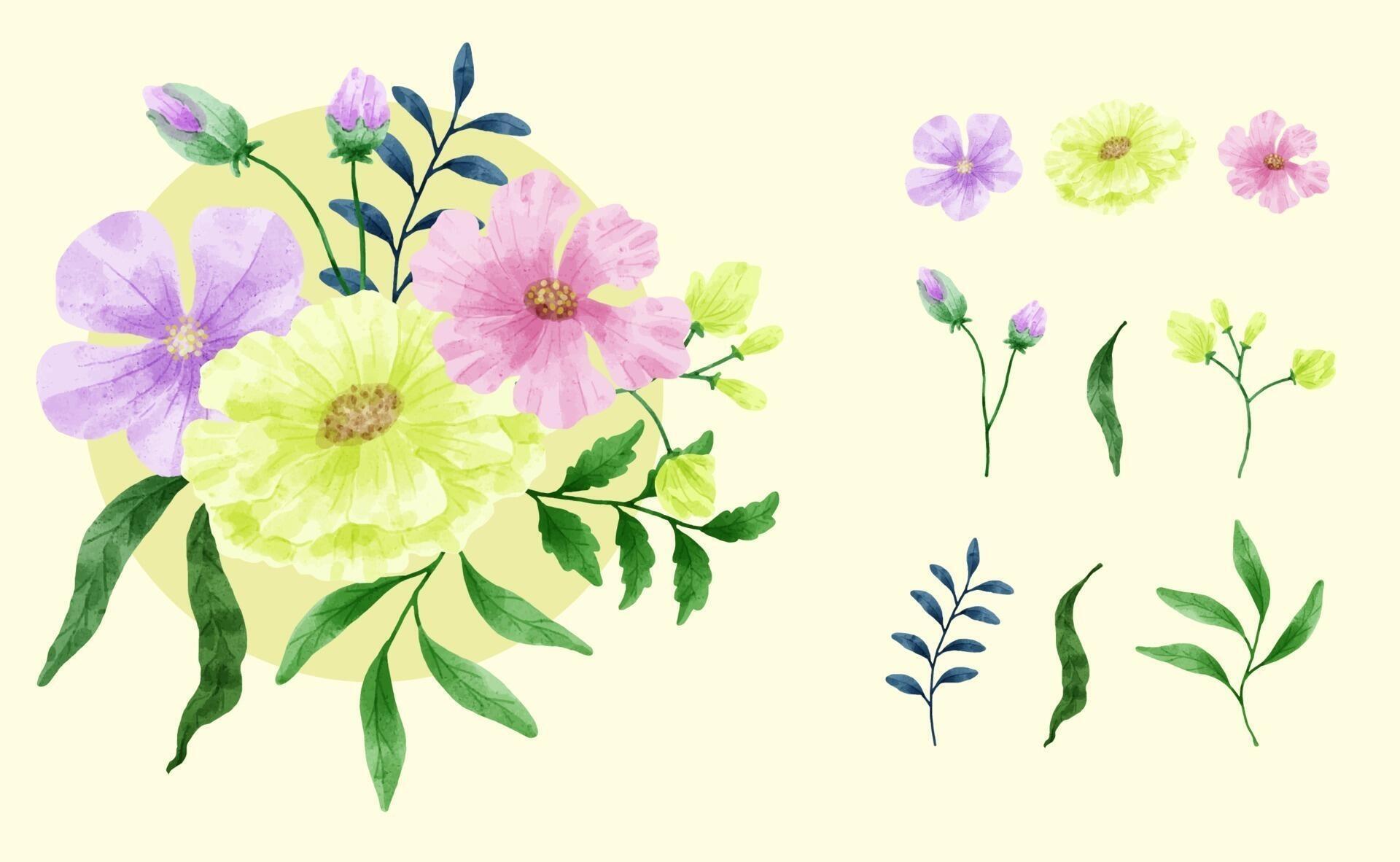 A set of flowers painted in watercolor for designer work create Stock Free