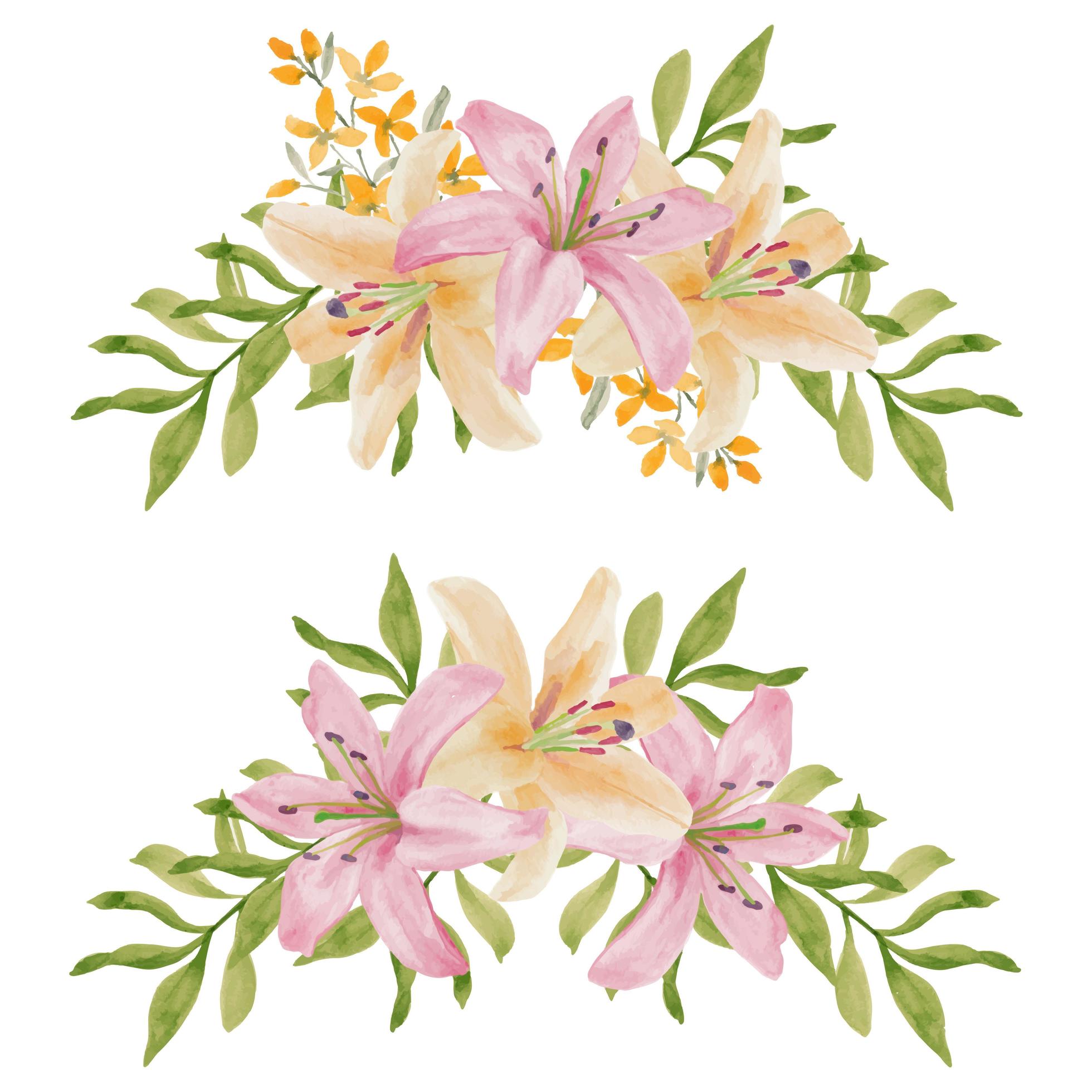 Watercolor curved lily flower arrangement set Stock Free