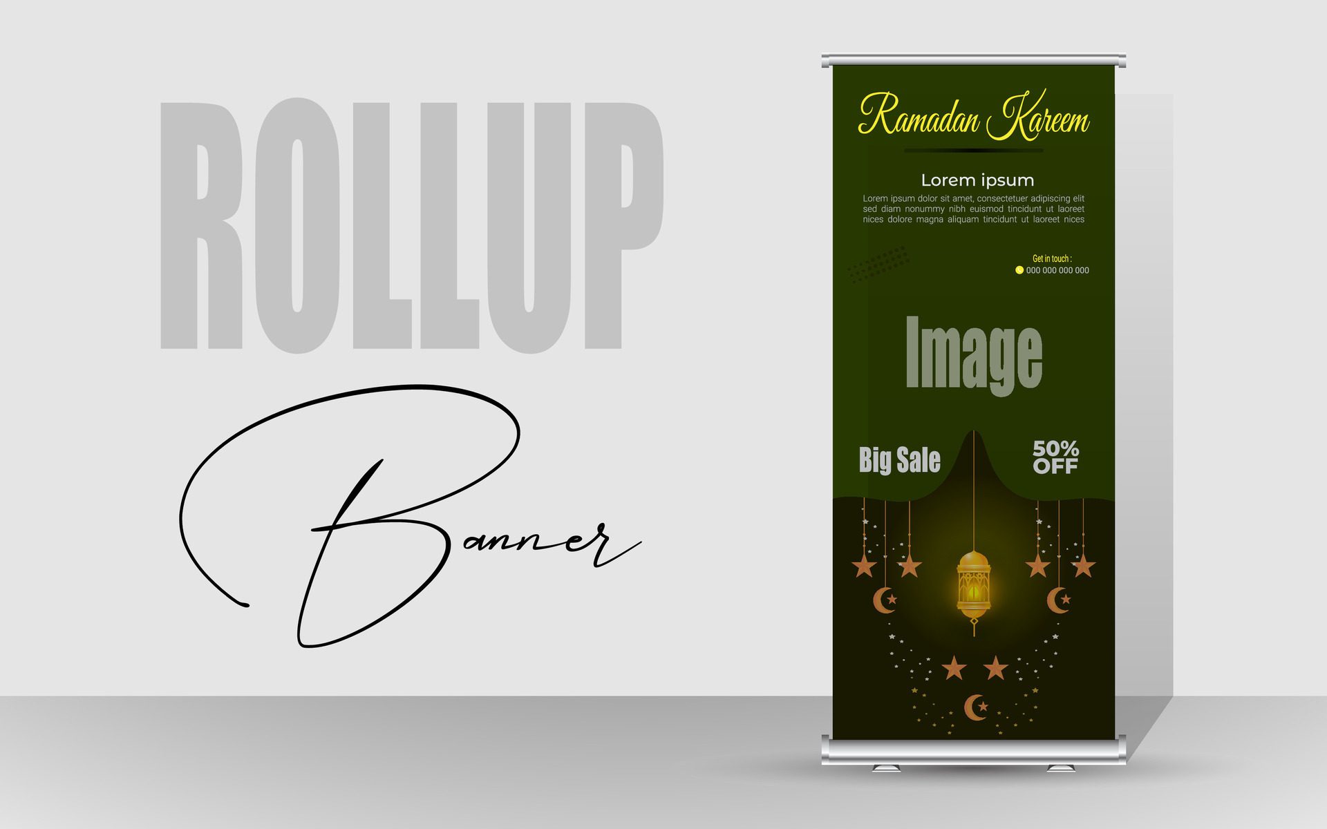 Roll up banner with a happy Ramadan design. unique meal banner for Ramadan. Rollup template for food menus. Free Vector