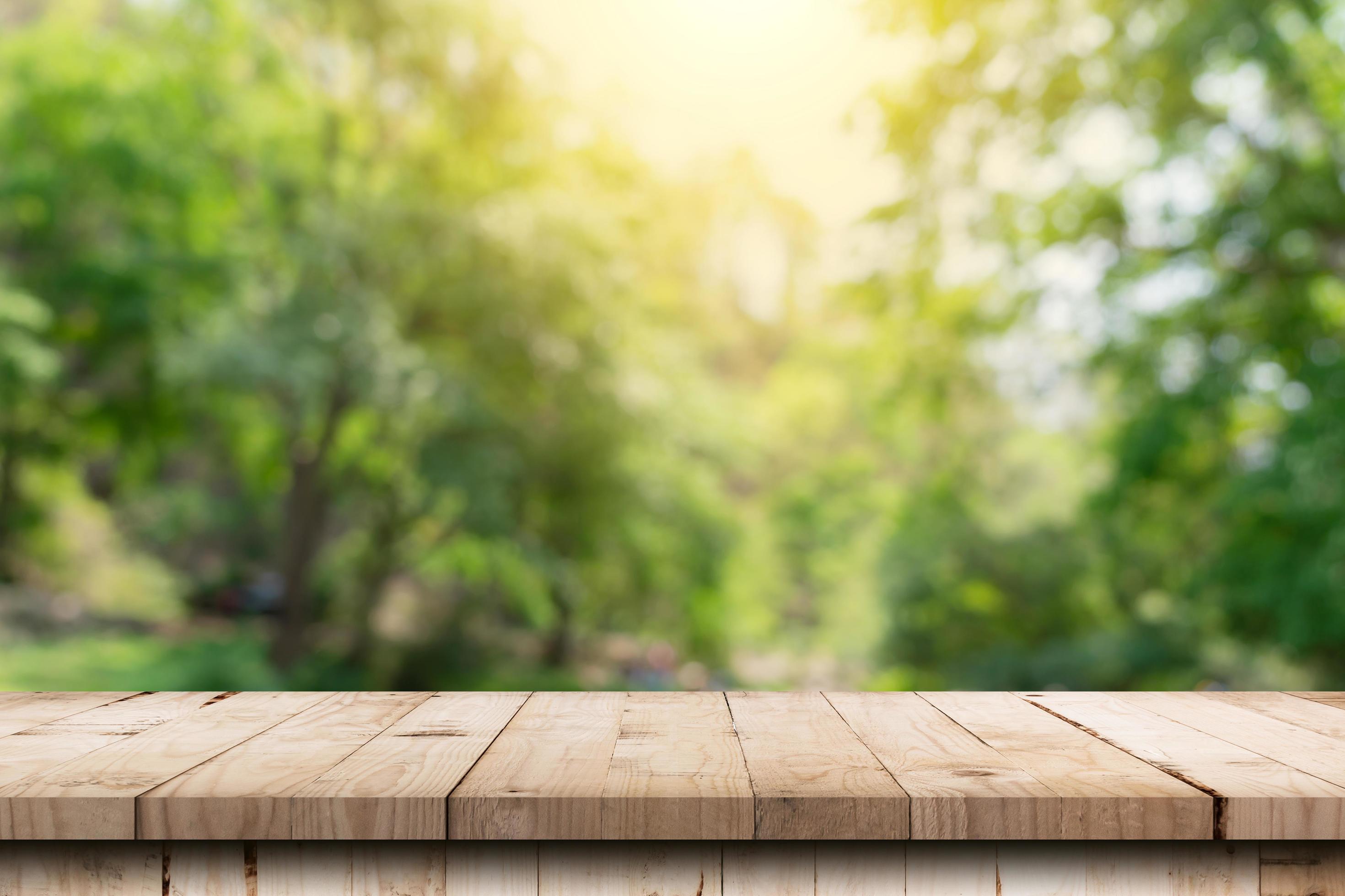 Wooden table and blurred green nature garden background with copy space Stock Free