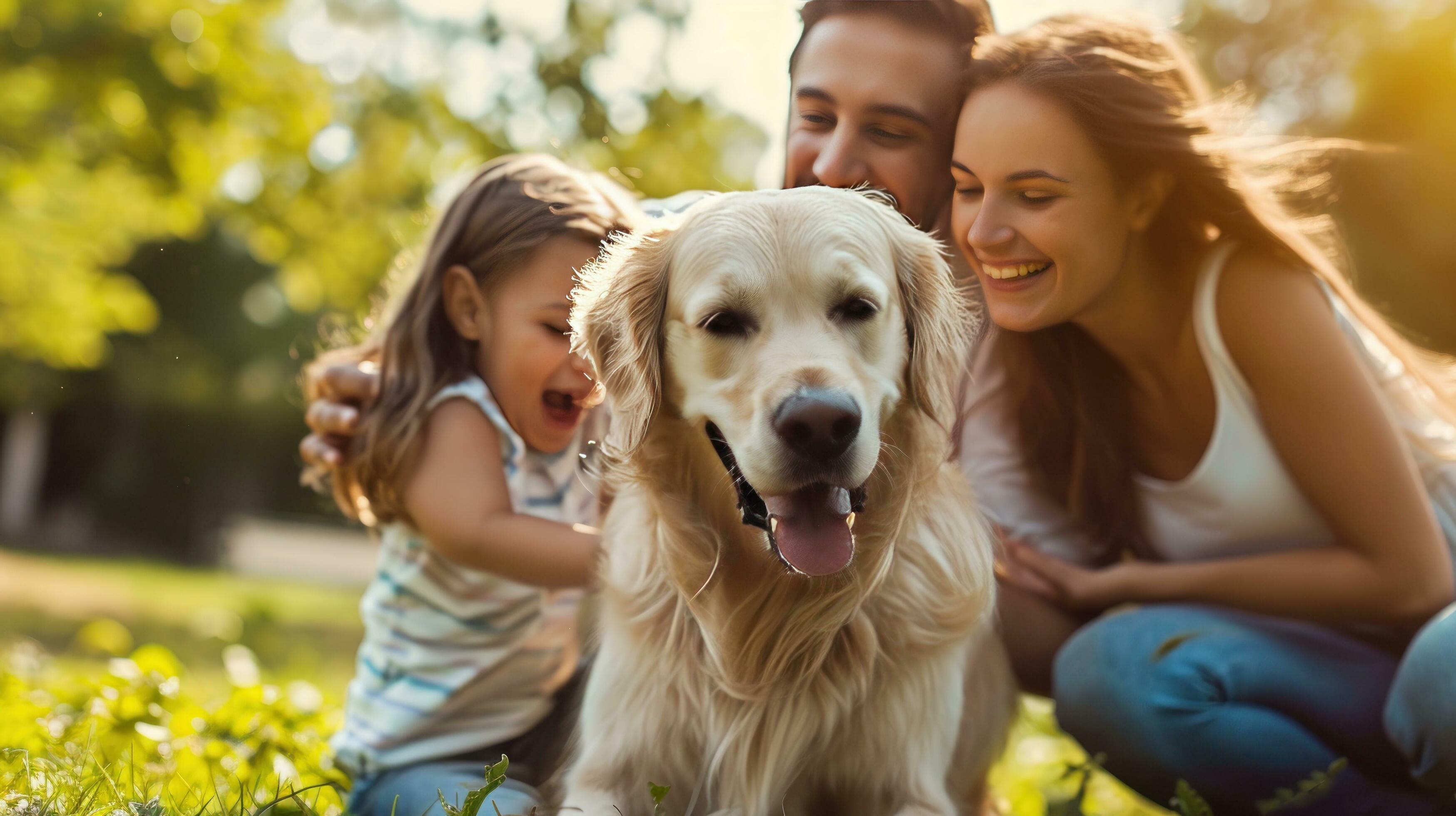 AI generated beautiful advertisment photo of happy beautiful family playing with dog in garden with copy space Stock Free