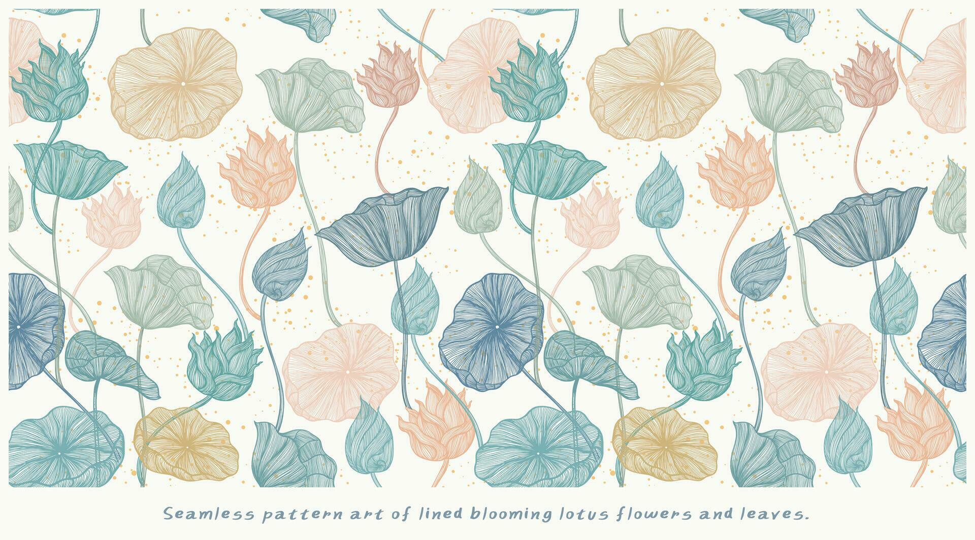 Seamless pattern art of lined blooming lotus flowers and leaves Stock Free