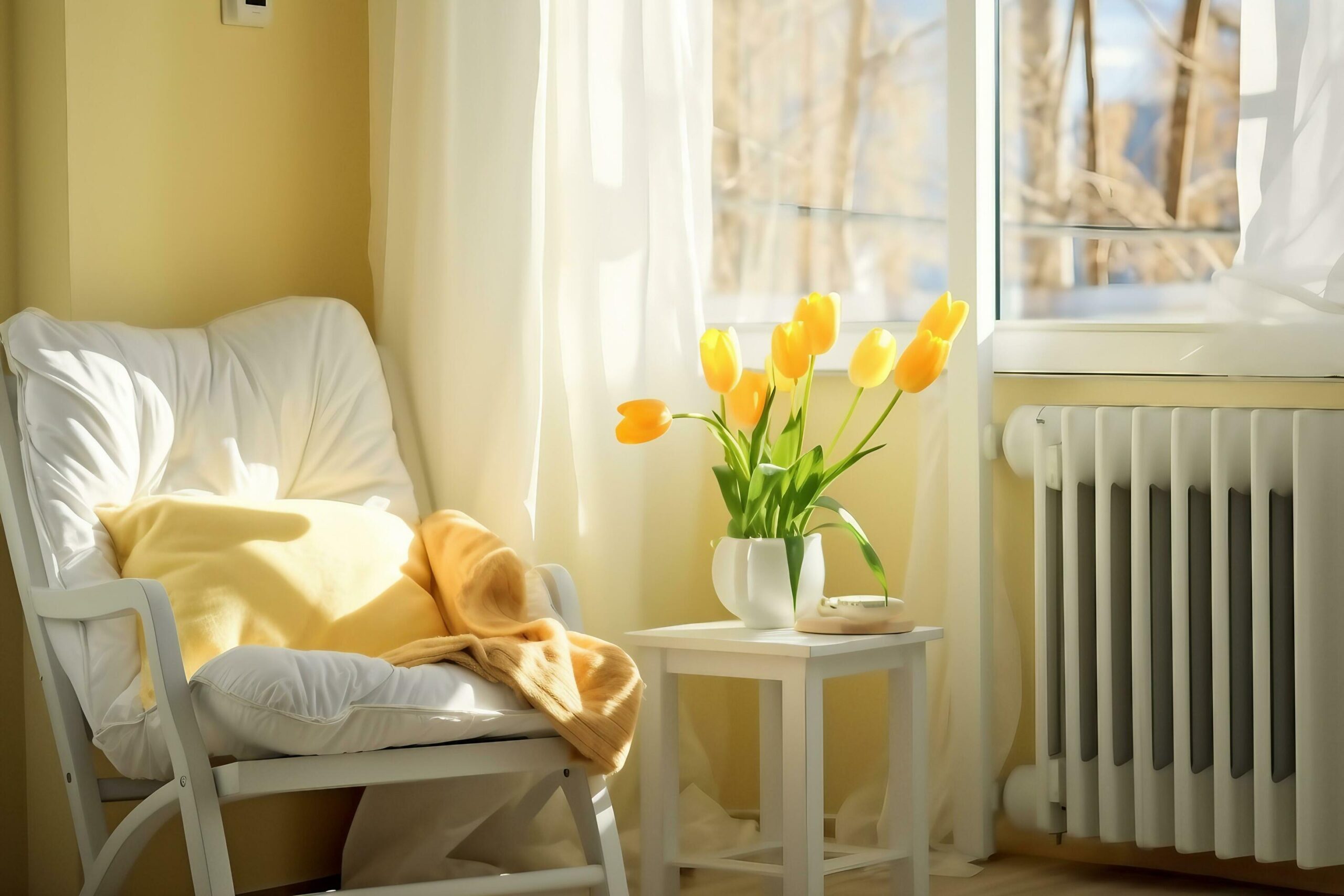 Light spring bedroom interior, bed, white chair, glass with yellow tulip, window light curtains, pastel colors. generative ai. Free Photo