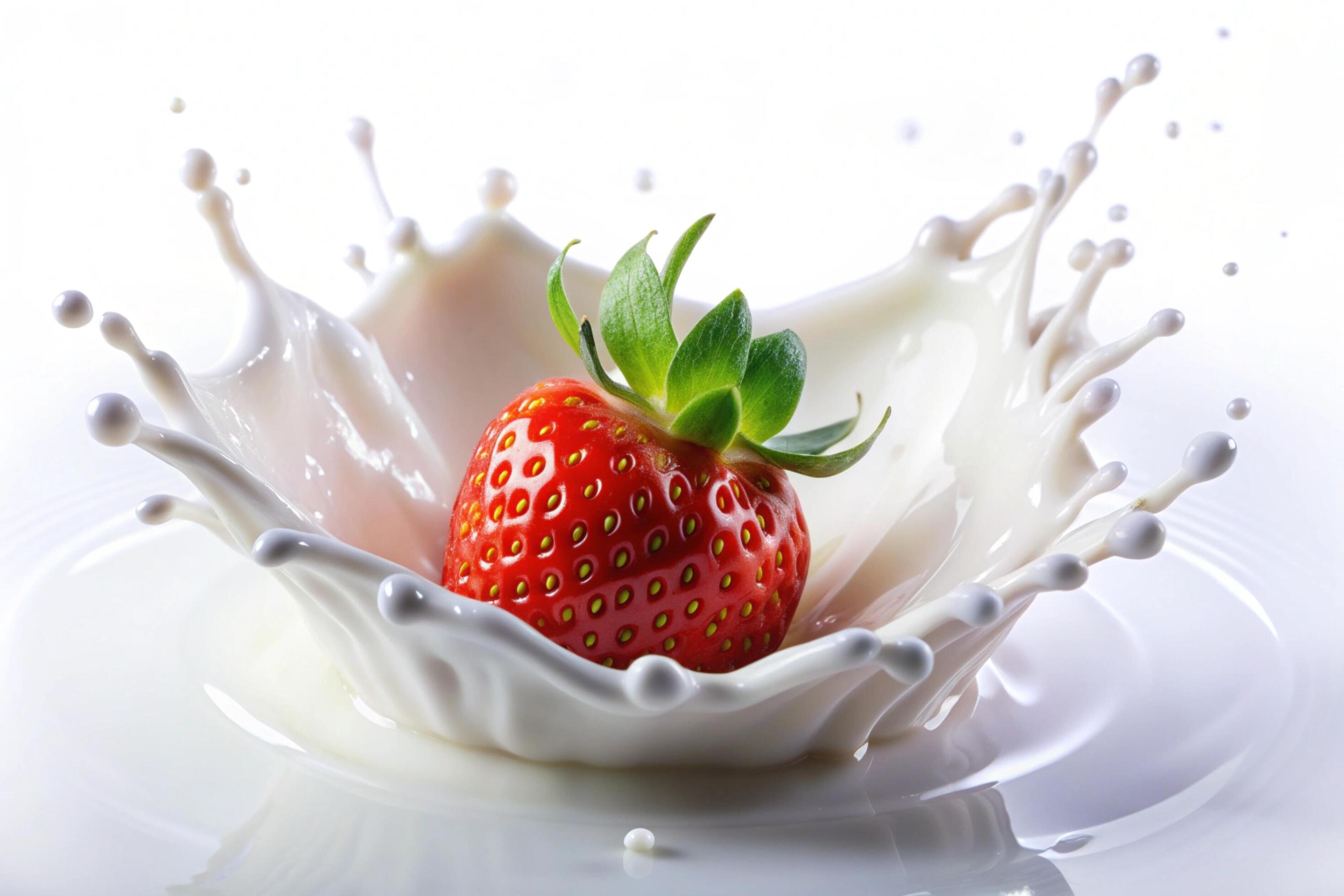 Milk splashes with strawberry on white background Stock Free