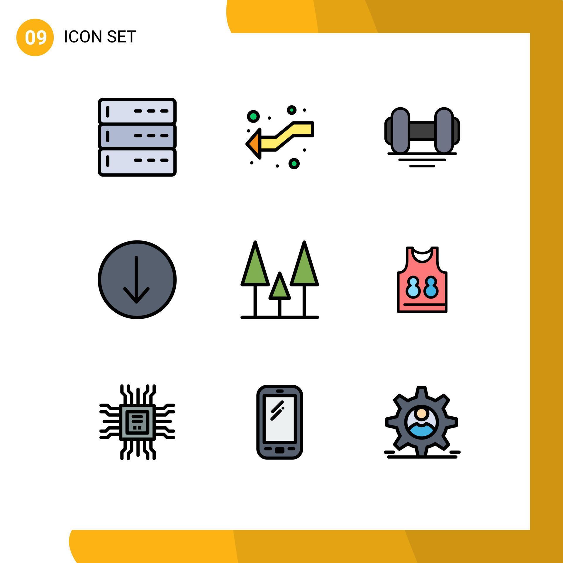 Set of 9 Modern UI Icons Symbols Signs for trees forest dumbbell down arrow Editable Vector Design Elements Stock Free