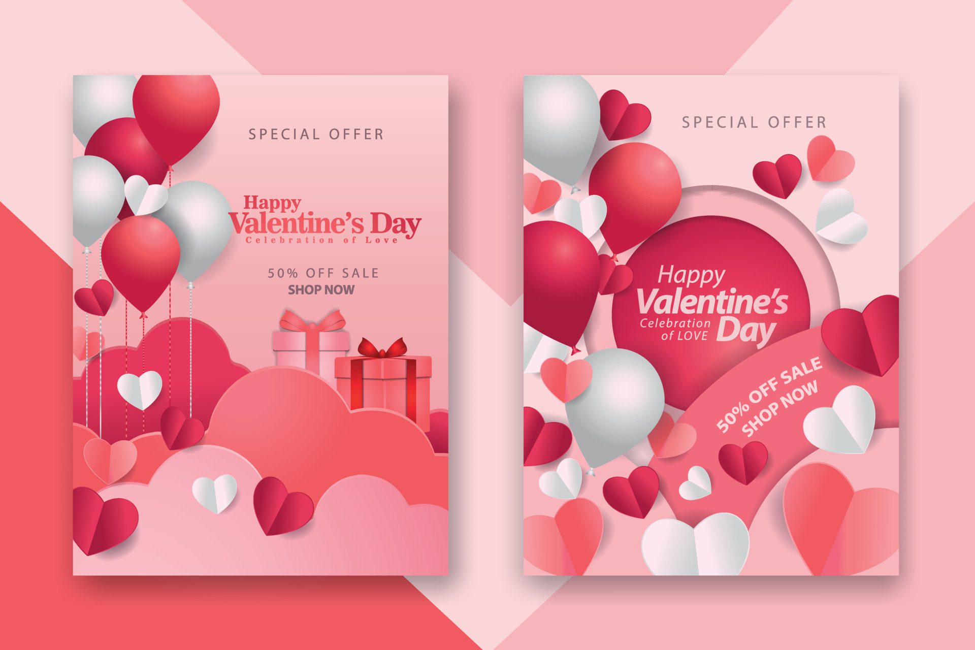 Valentine’s day concept posters set with red 3d and pink paper hearts and frame on geometric background. Cute love sale banners or greeting cards Free Vector