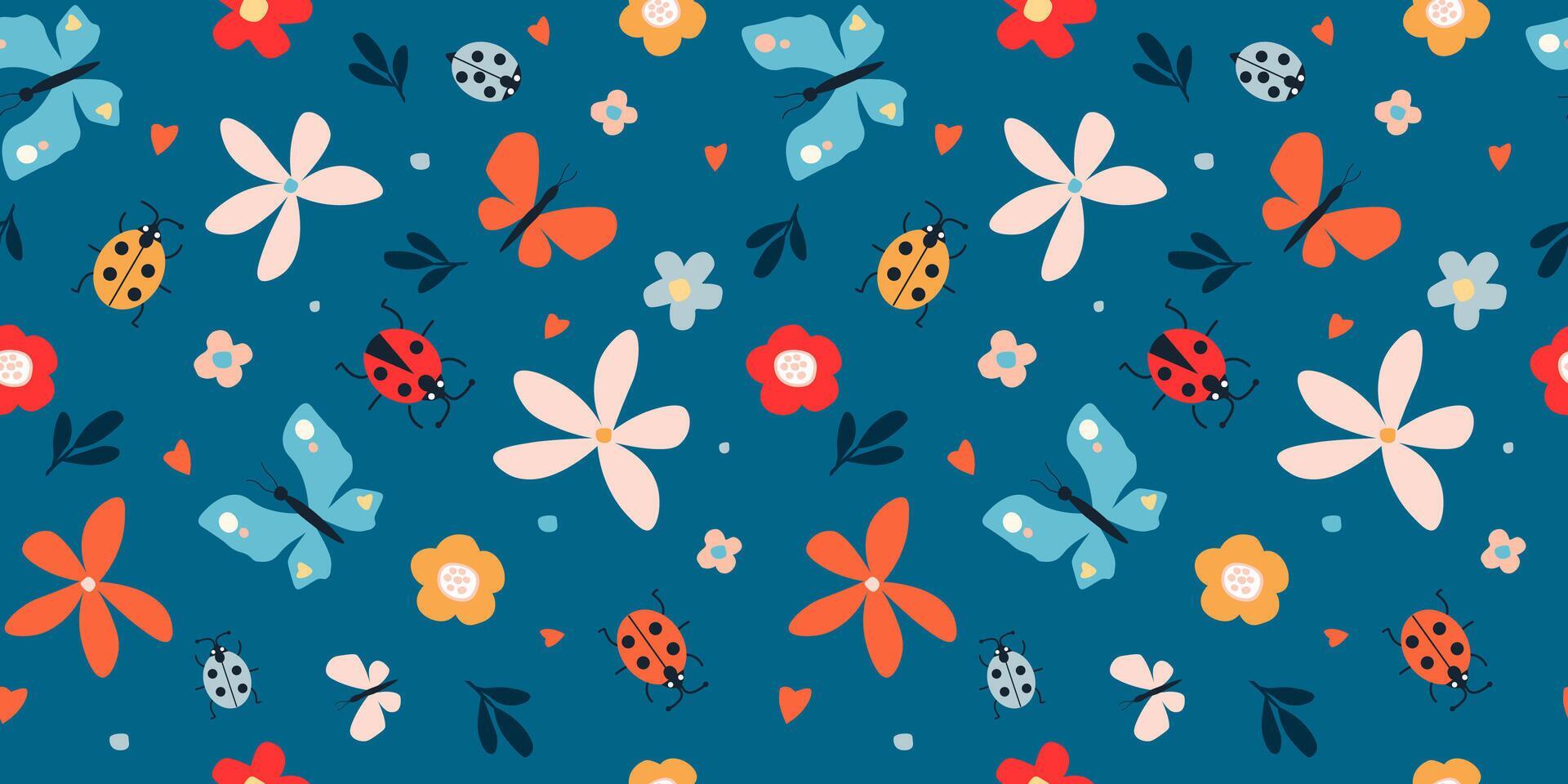 Seamless pattern with summer cute abstract hand drawn pattern. Butterflies, flowers, ladybugs, leaves on the print. Vector graphics. Stock Free