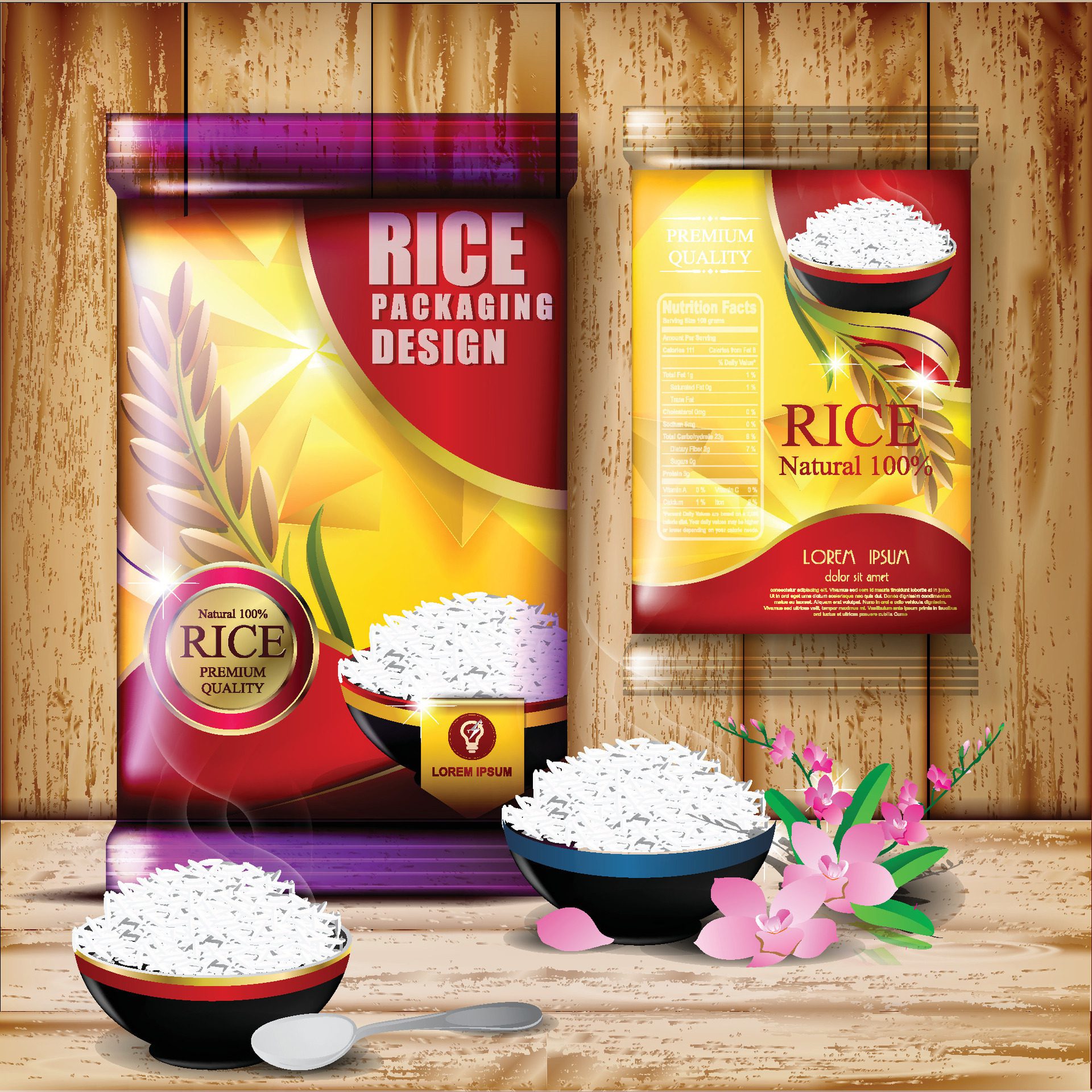 Rice Package food Logo Products and Fabric Arts, banner and poster template Free Vector