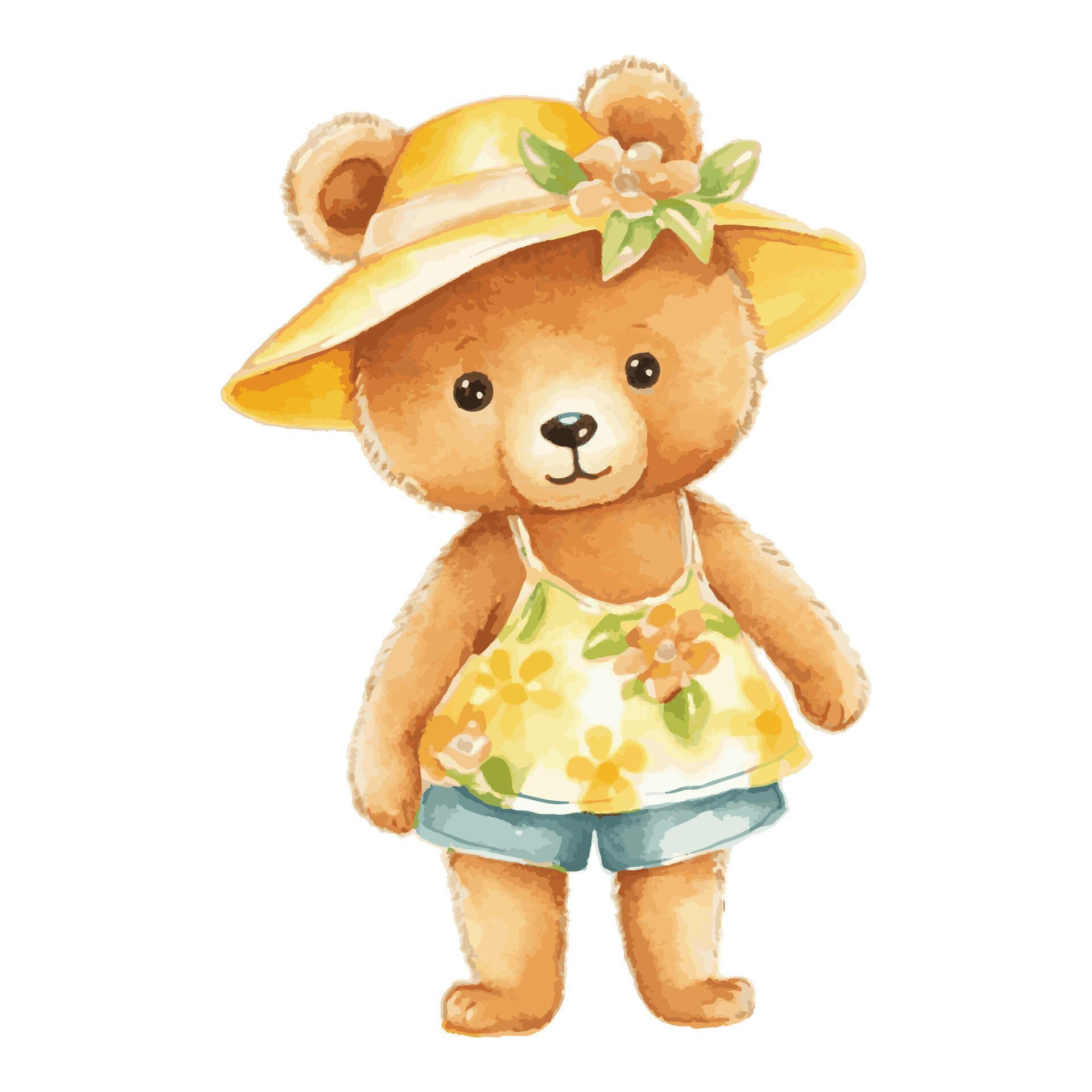 Watercolor Cute Liitle Bear Wearing Yellow Flower Hat And Tank Top Standing Adorable Concept Stock Free