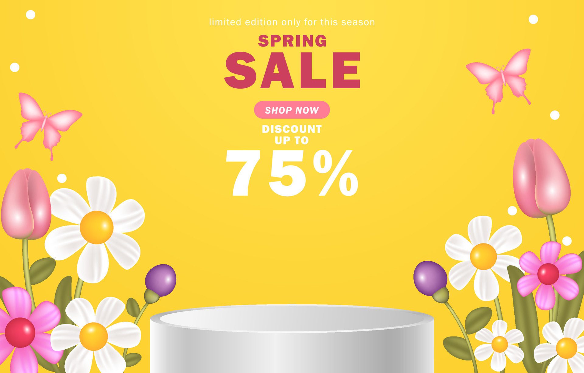 
									Spring sale banner with product display and flowers decoration for sale, poster, background Free Vector