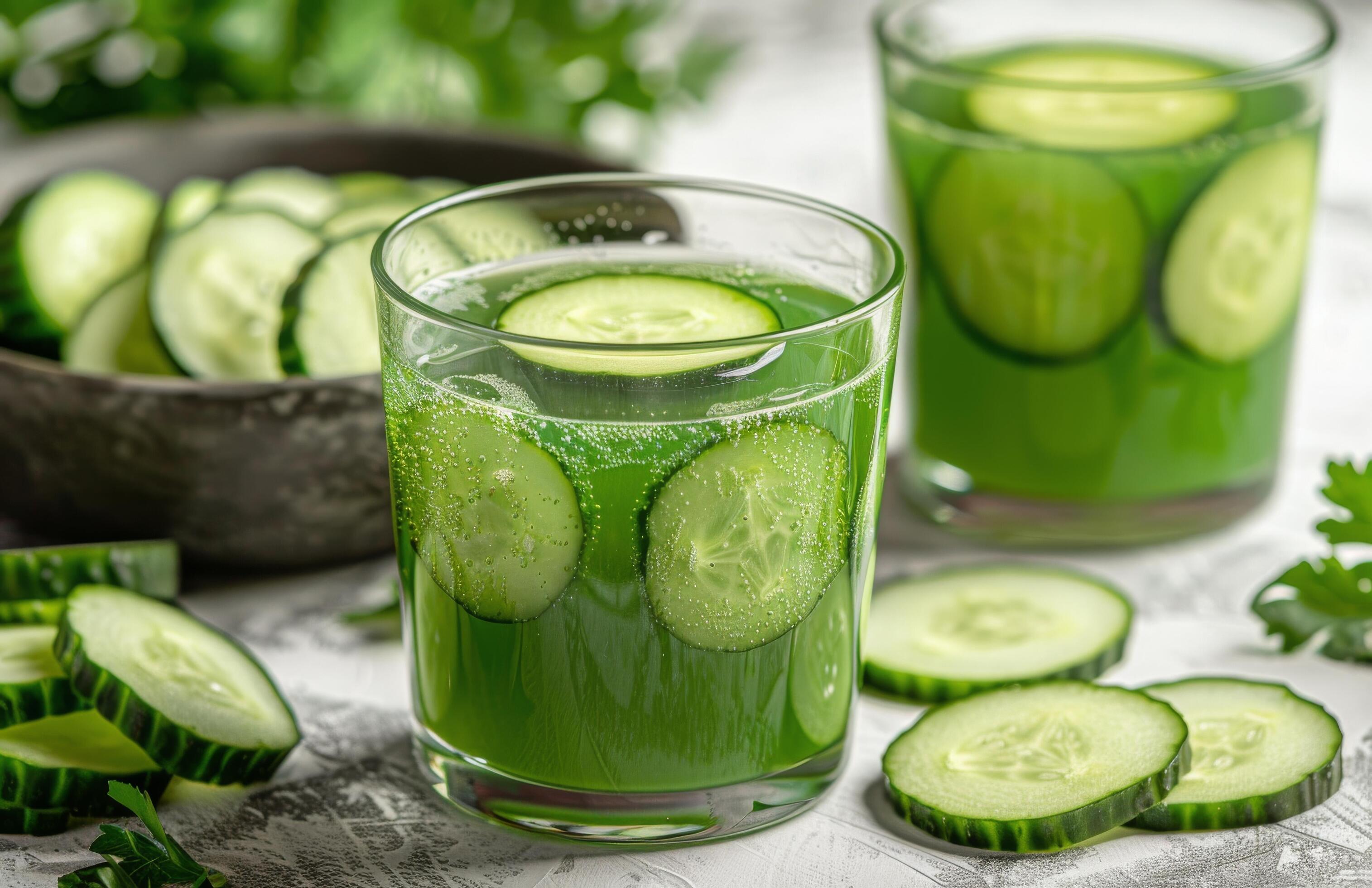 Refreshing Cucumber Juice With Sliced Cucumbers on a White Surface Stock Free