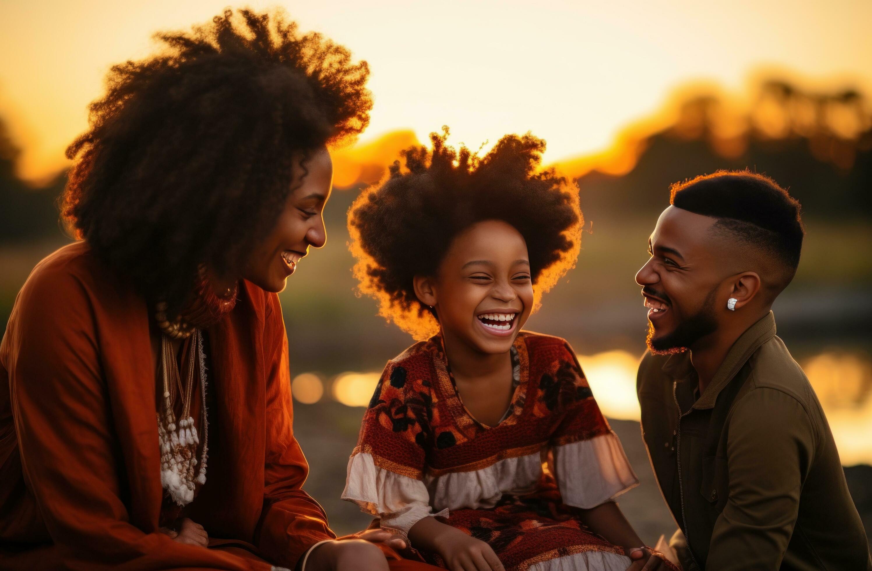 AI generated an african american family laughing together at sunset Stock Free