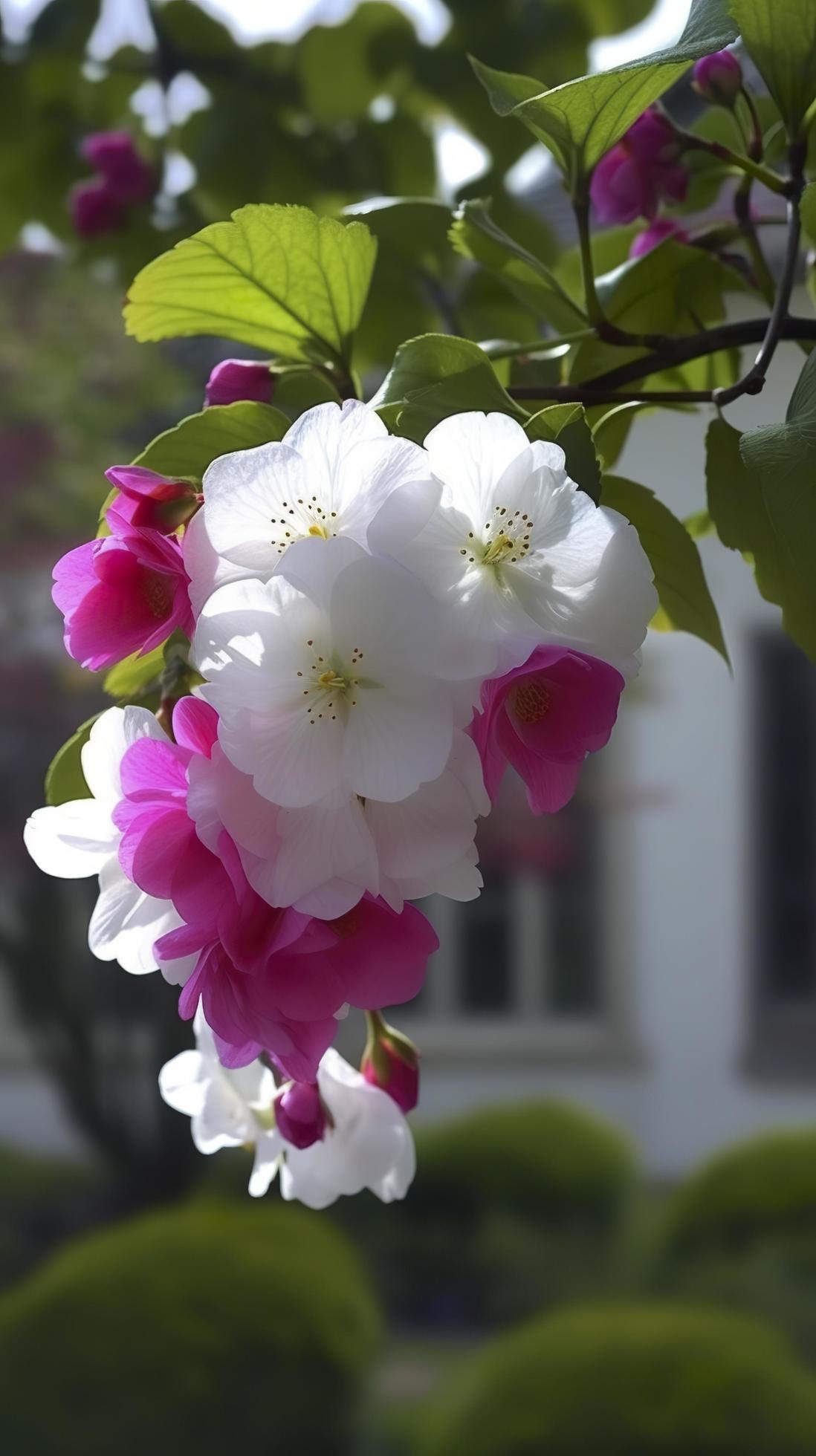 Chinese Suzhou garden, purple begonia flower, petals high definition, background blurred white walls and windows, soft beautiful light, generat ai Stock Free