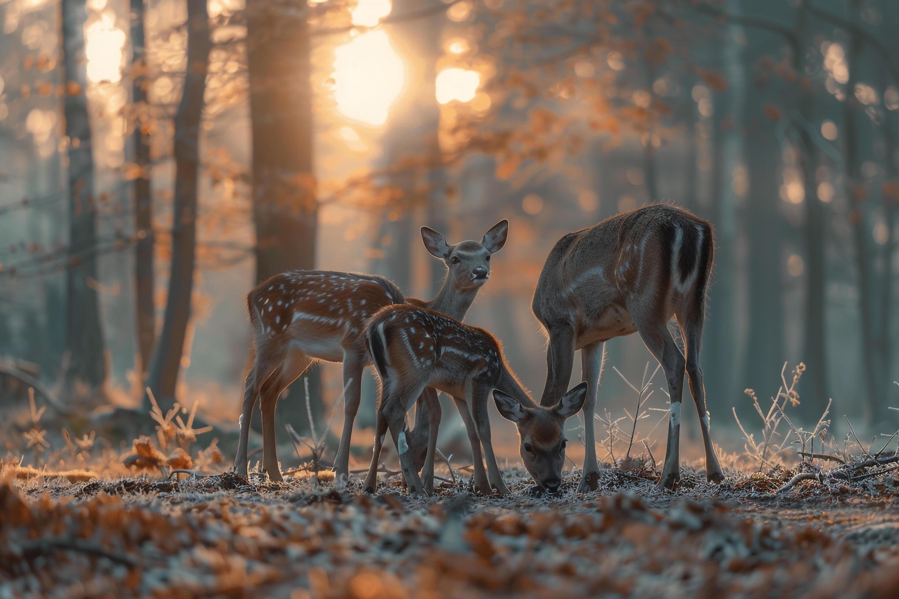 family of deer grazing in a forest clearing at dawn nature background Stock Free