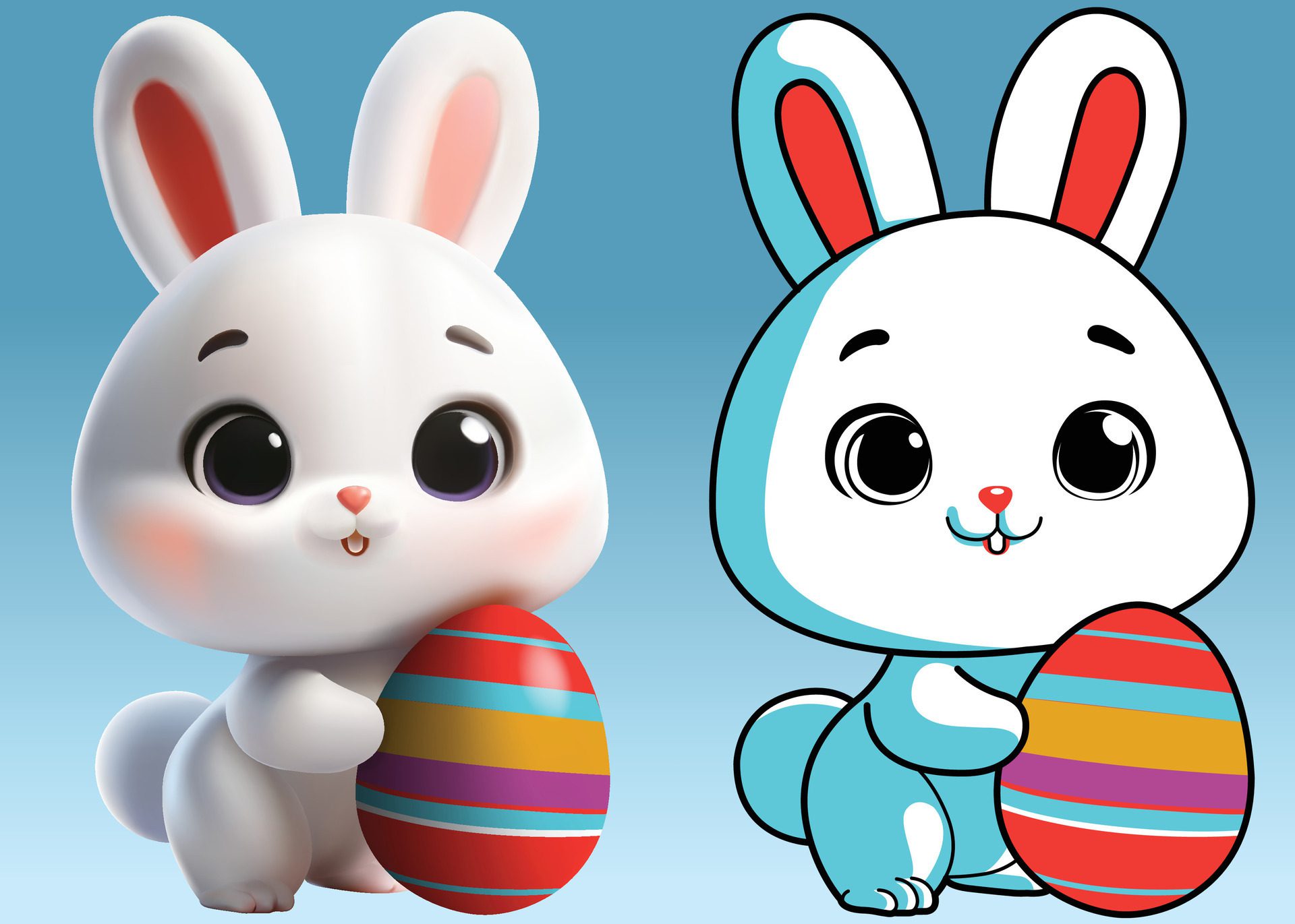 White bunny character easter theme hand holding chocolate has the heart shape 2 style 3D vector and 2D for card, ads, and banner. Free Vector