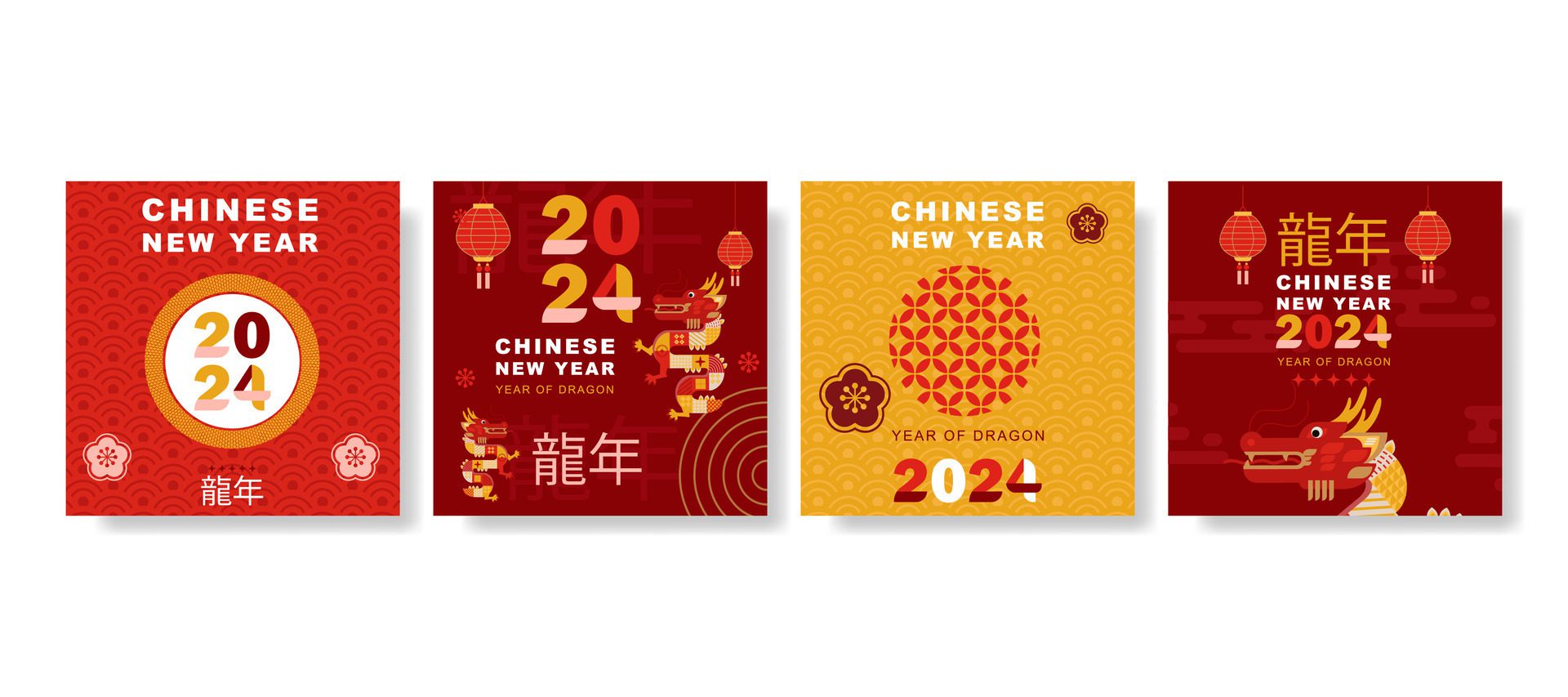 modern art Chinese New Year 2024 design set for social media post, cover, card, poster, banner. Free Vector