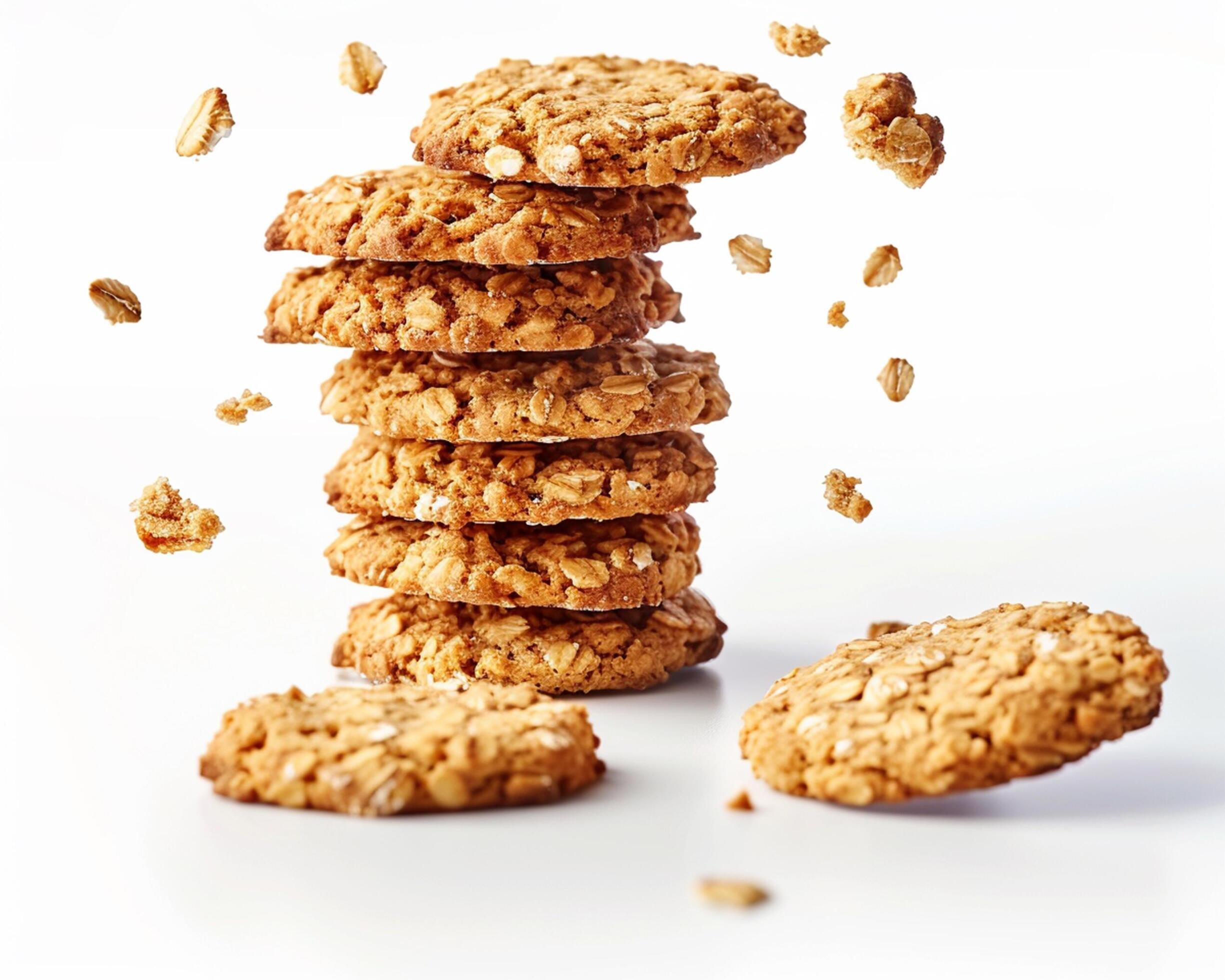 a stack of oatmeal cookies on a white background Stock Free