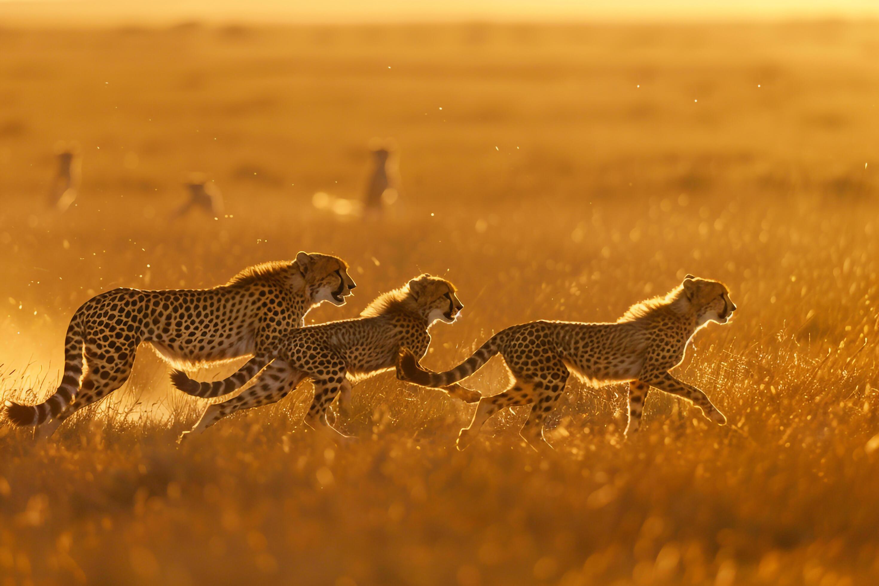 Family of Cheetahs Sprinting Across the Savannah During Golden Hour Background Stock Free