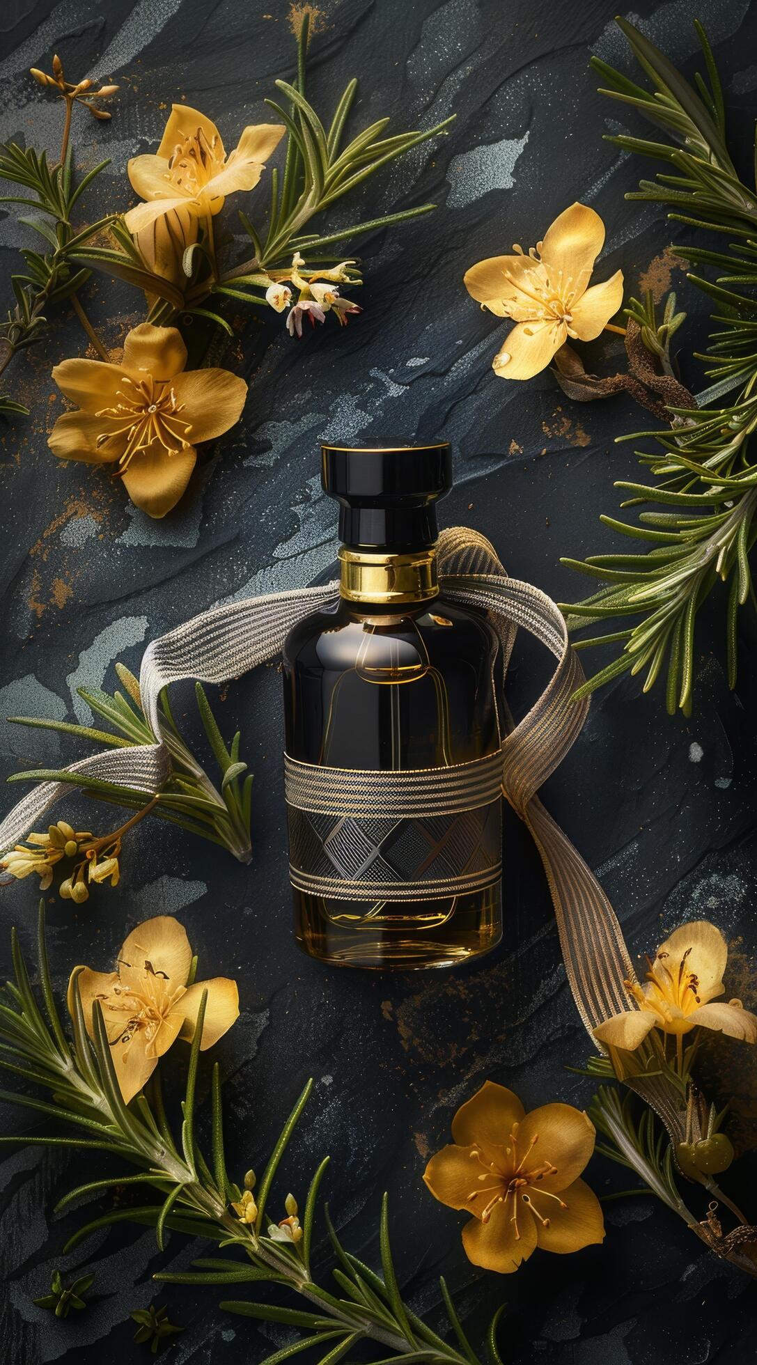 Glass Bottle of Perfume Surrounded by Yellow Flowers and Rosemary Sprigs Stock Free