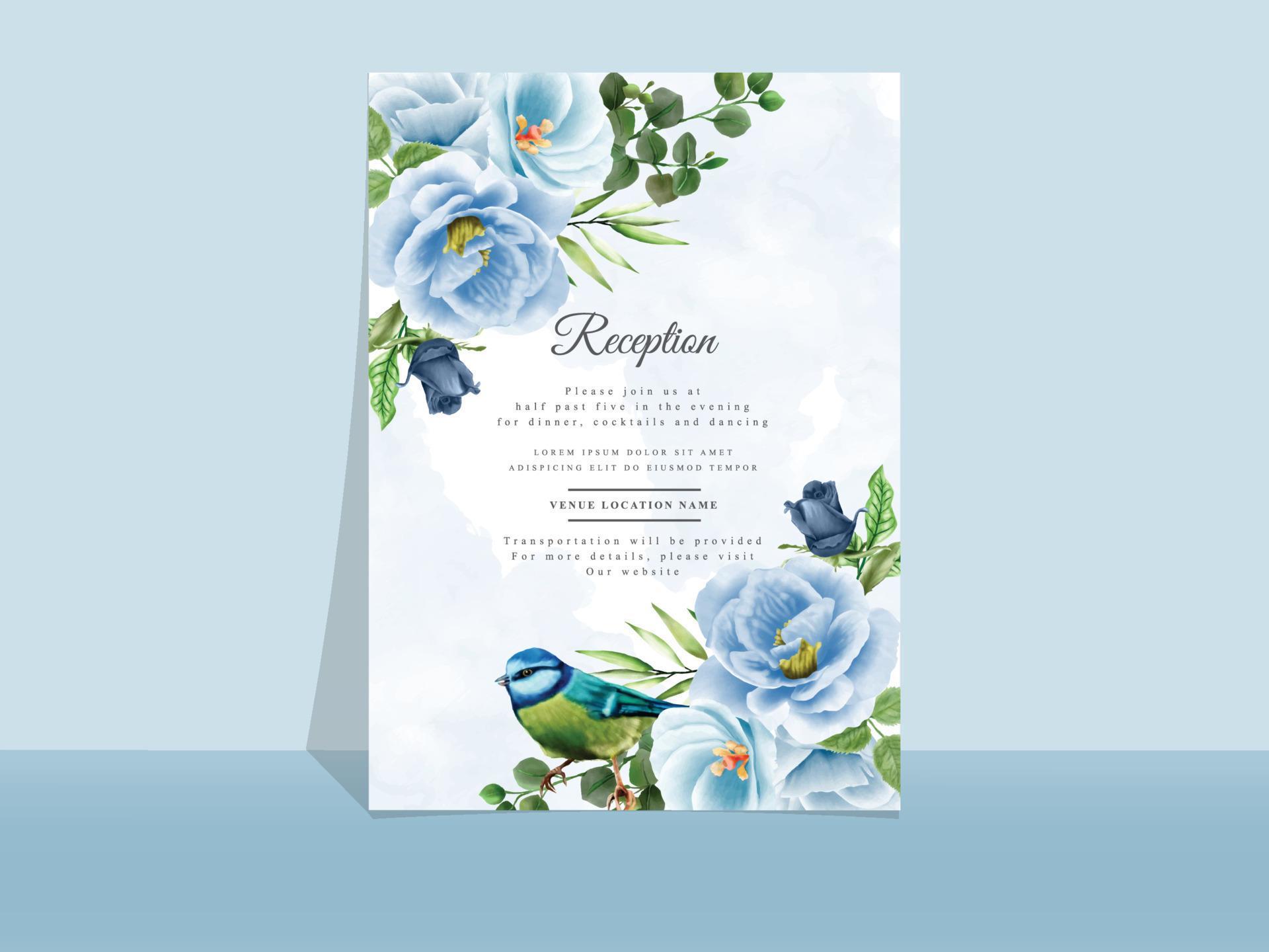 Wedding invitation card template blue flowers theme Stock Free