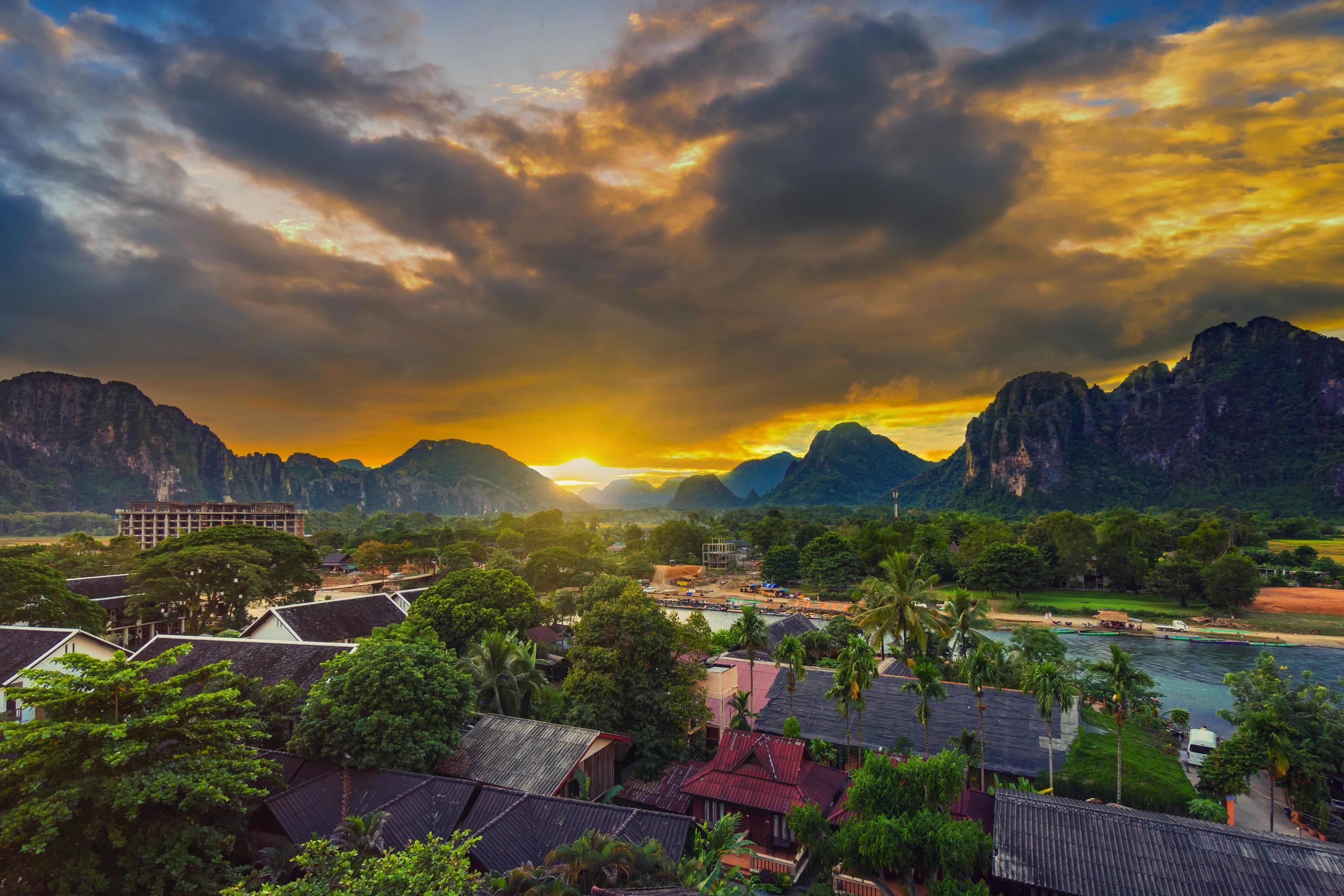 Landscape Viewpoint and beautiful sunset at Vang Vieng, Laos. Stock Free