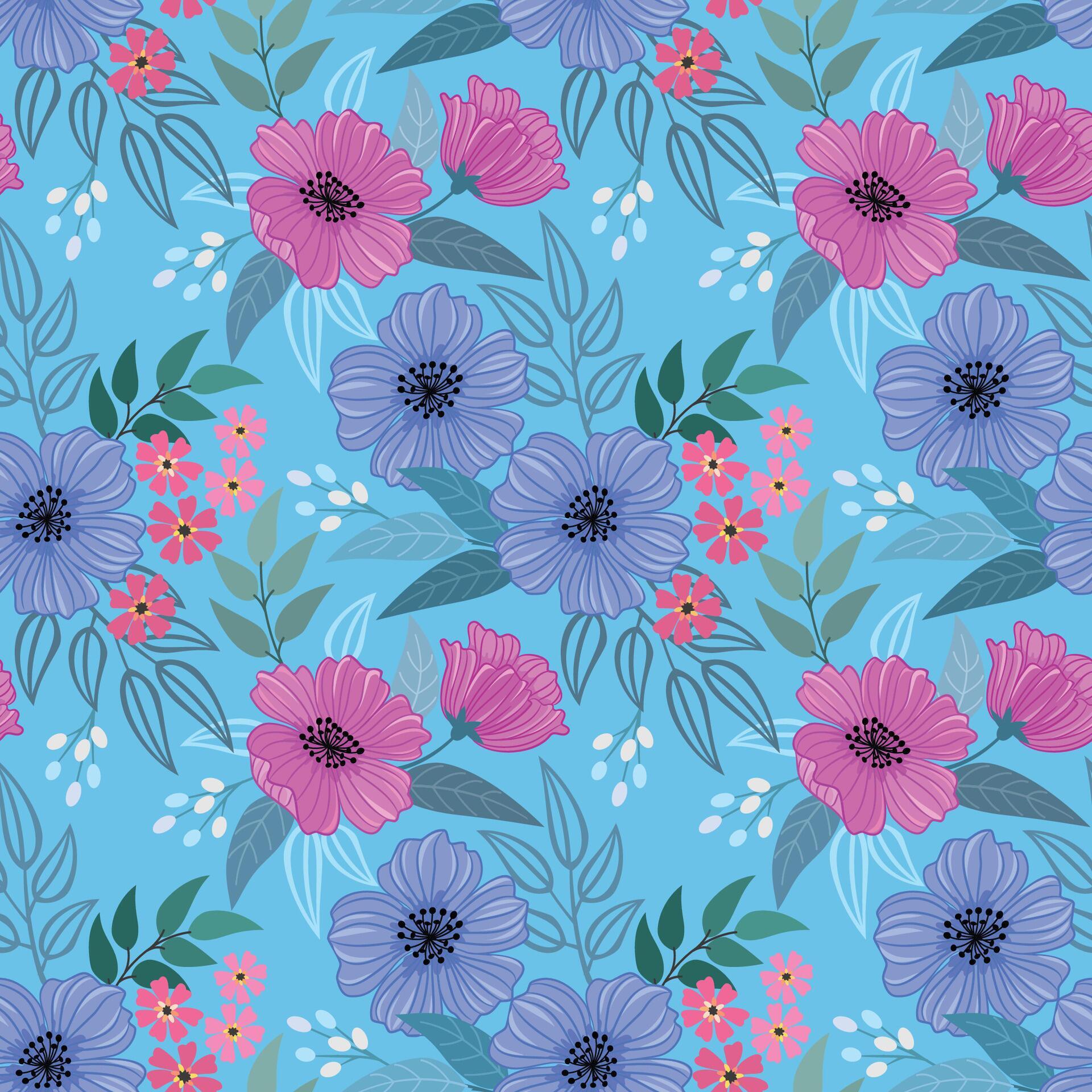 Beautiful blooming flowers design on blue color background seamless pattern. Stock Free