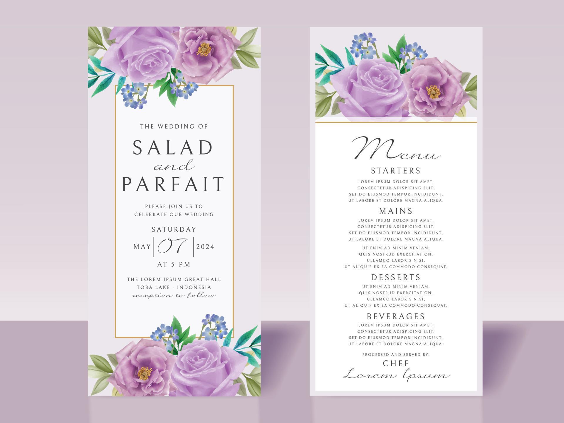 Wedding invitation card template with purple flowers Stock Free