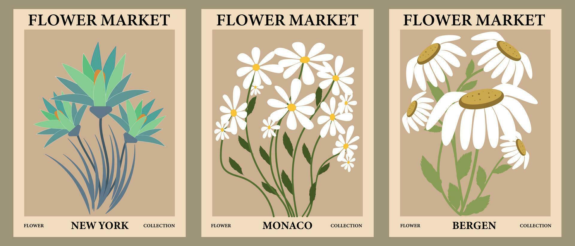 Set of daisy flower market posters.Abstract floral illustration. Template for cards, wall art, banner, background. Vector illustration. Stock Free