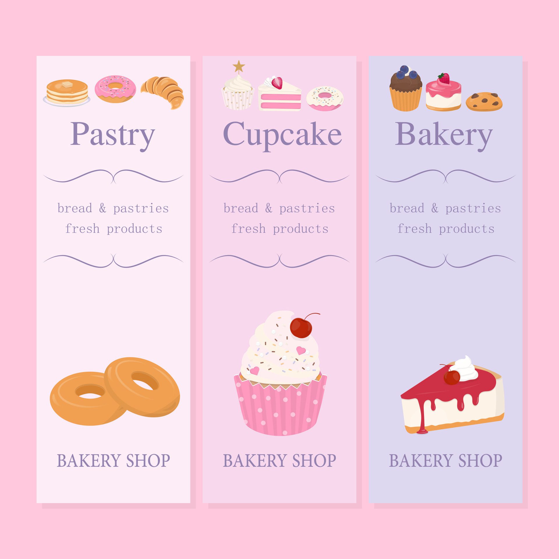 Sweet bakery and pastry banner set with text Free Vector