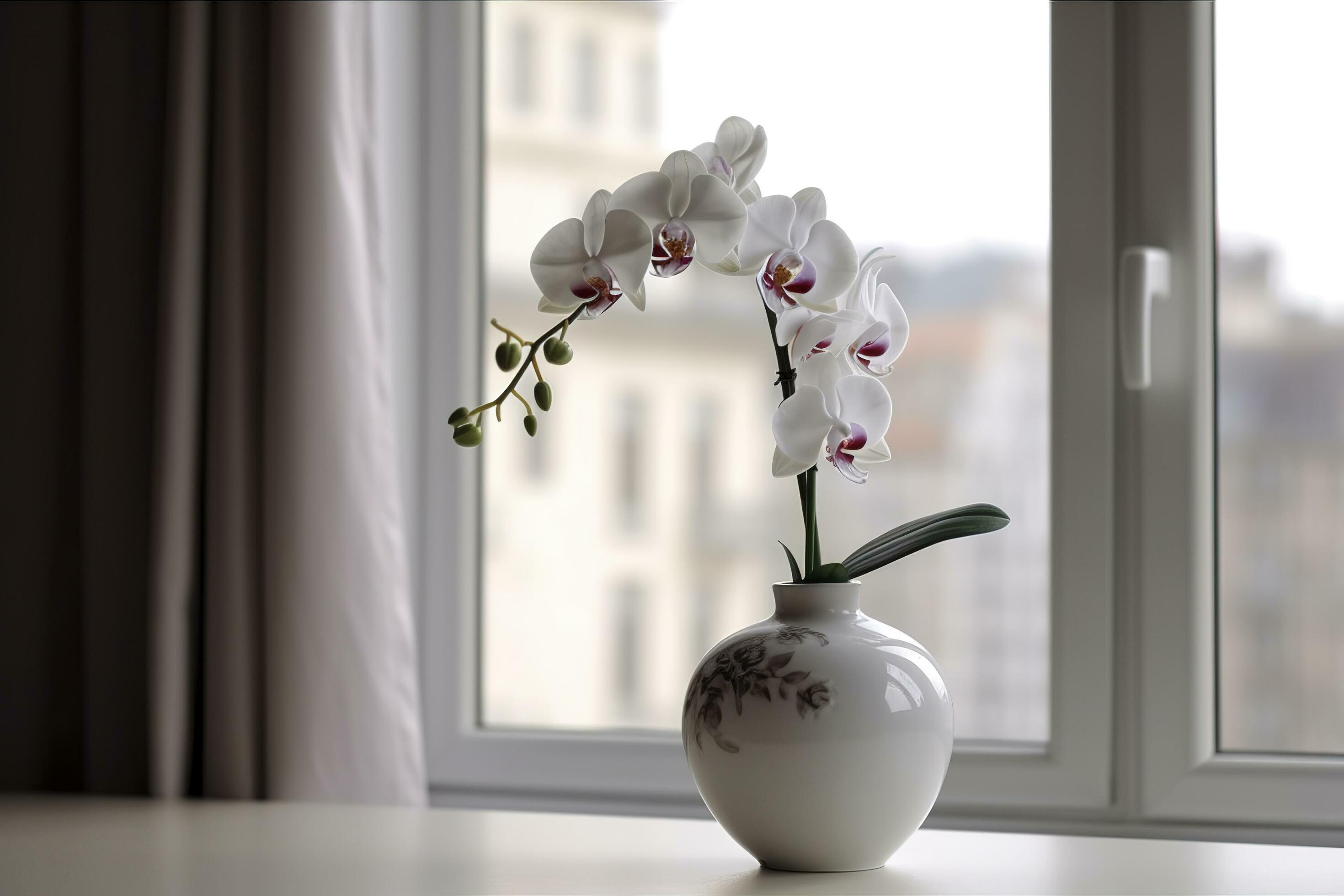 Vase with orchid flowers on white table near window indoors , generate ai Stock Free