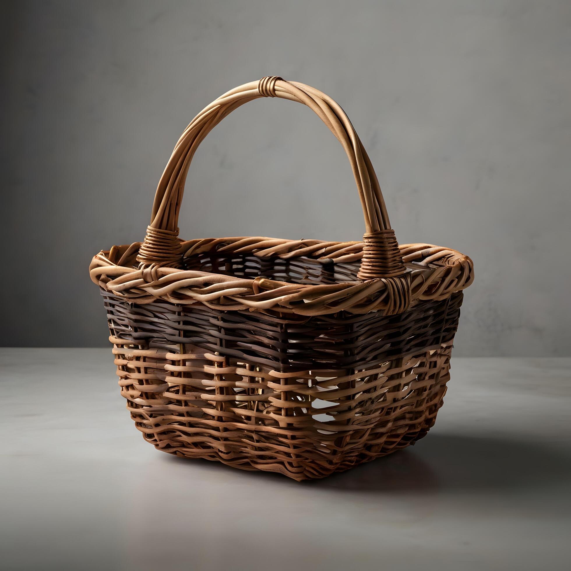 Empty wooden wicker basket, fruit or bread basket on white background Stock Free