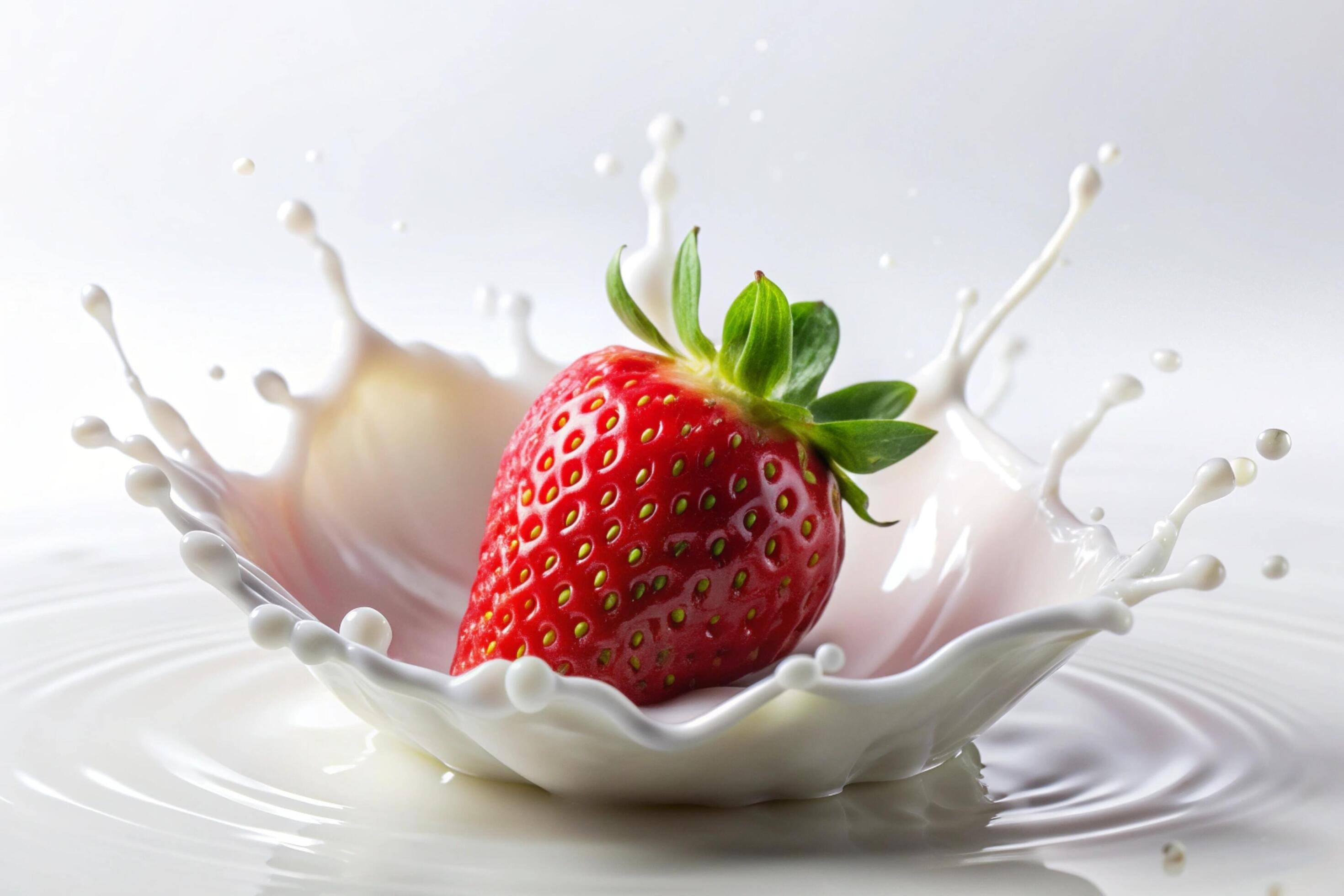 Milk splashes with strawberry on white background Stock Free