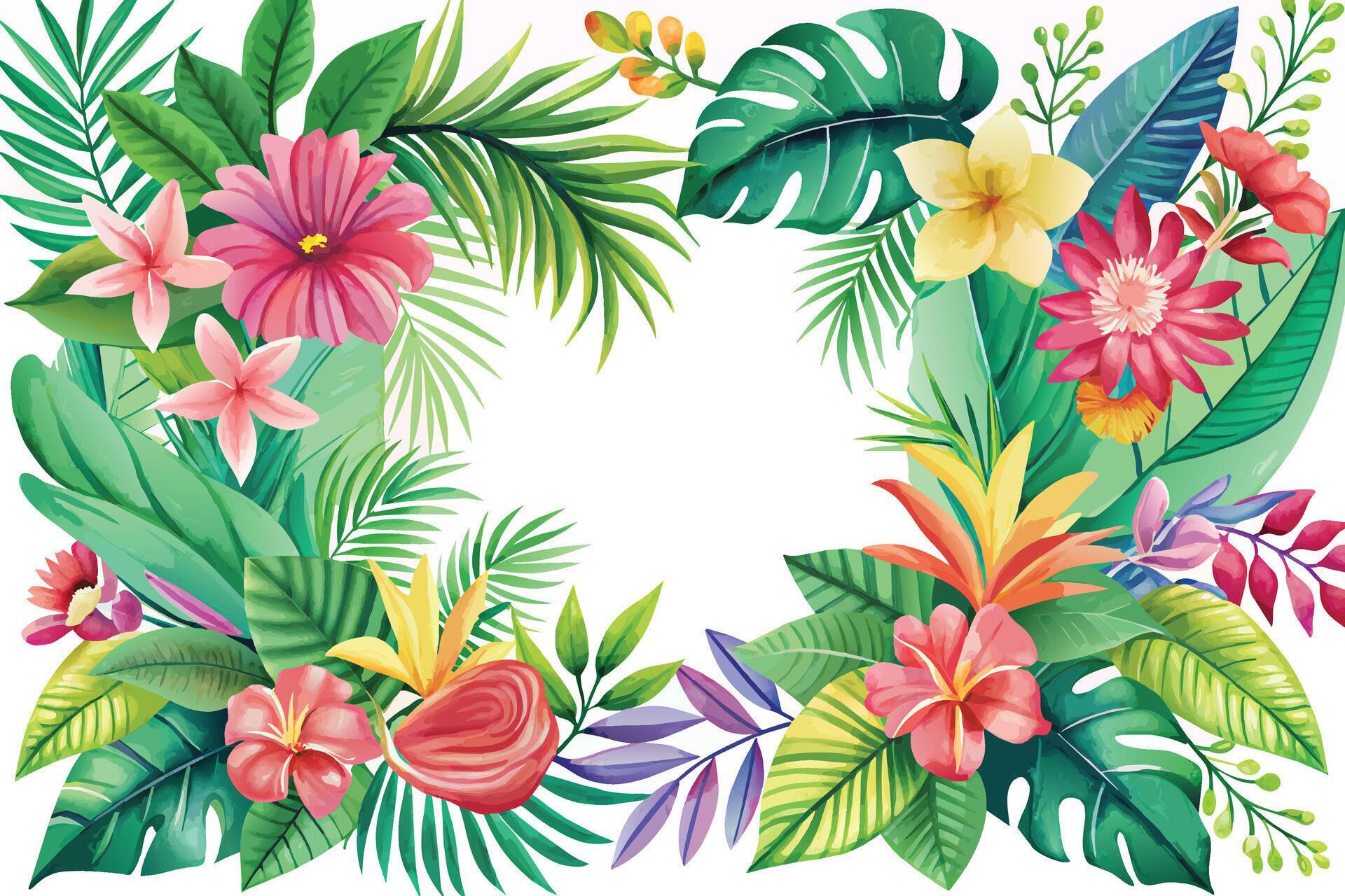 Frame with tropical flowers and leaves. Vector illustration for your design. Stock Free