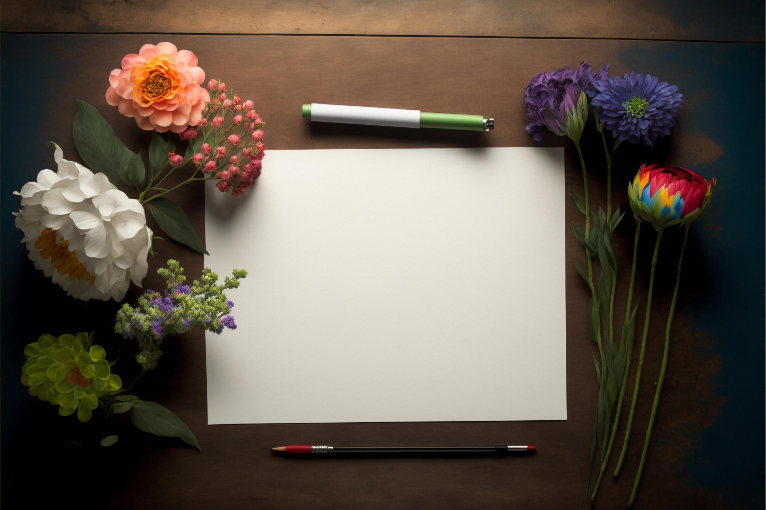 notepad sitting on top of a wooden table next to flowers. . Stock Free