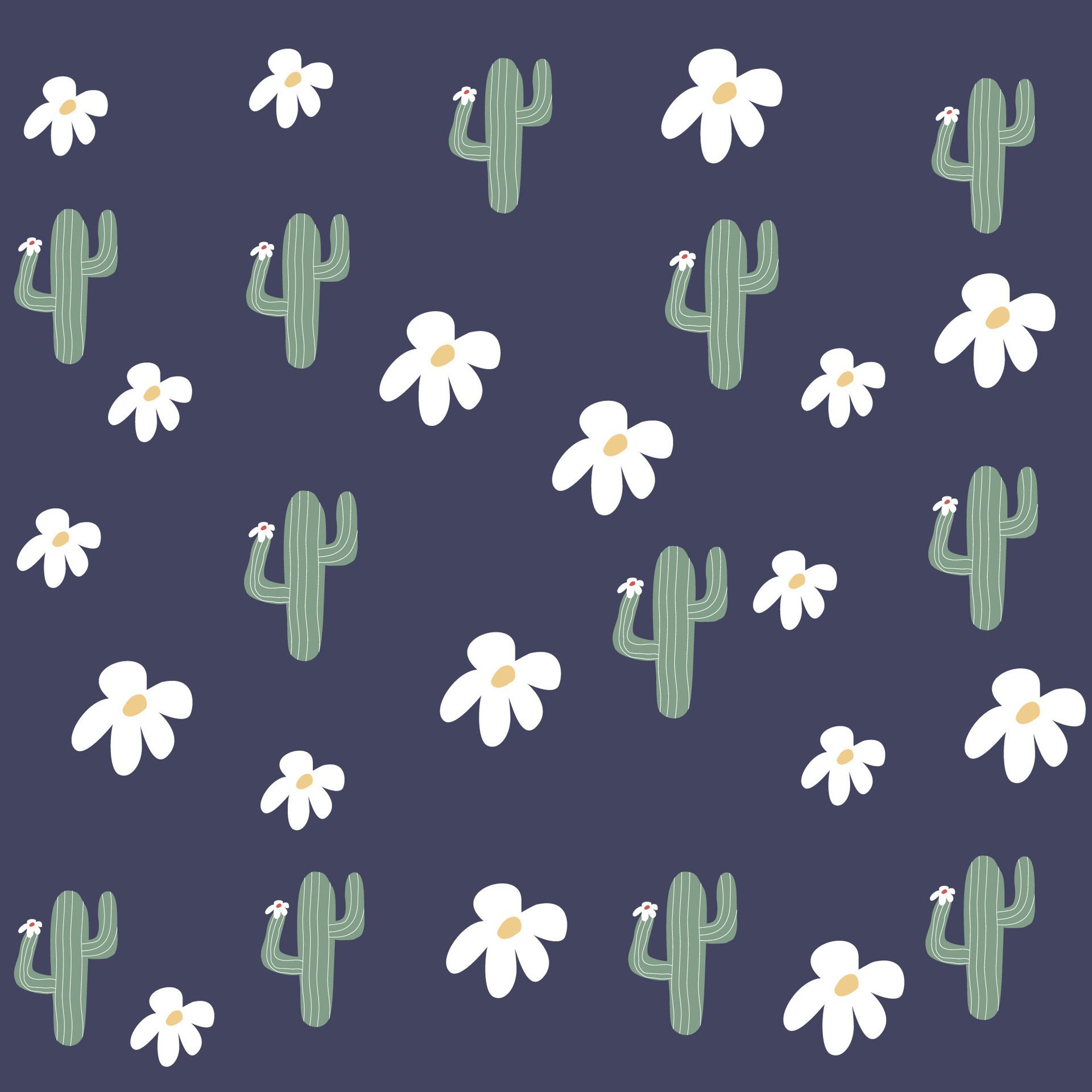 Hand drawn cactus and white flowers pattern on dark blue background Free Vector