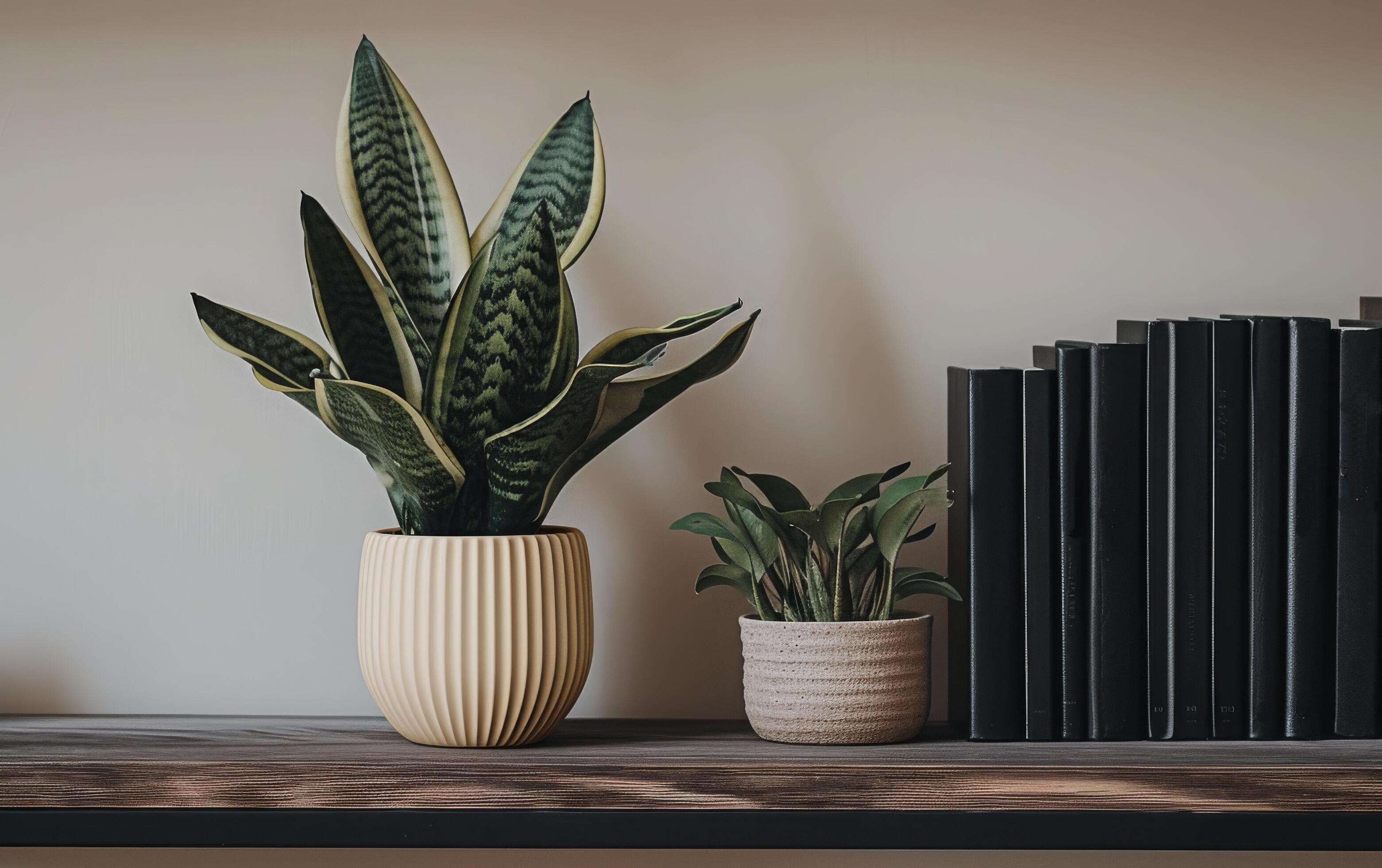 AI generated A potted snake plant adds a touch of greenery to a minimalist shelf arrangement Stock Free