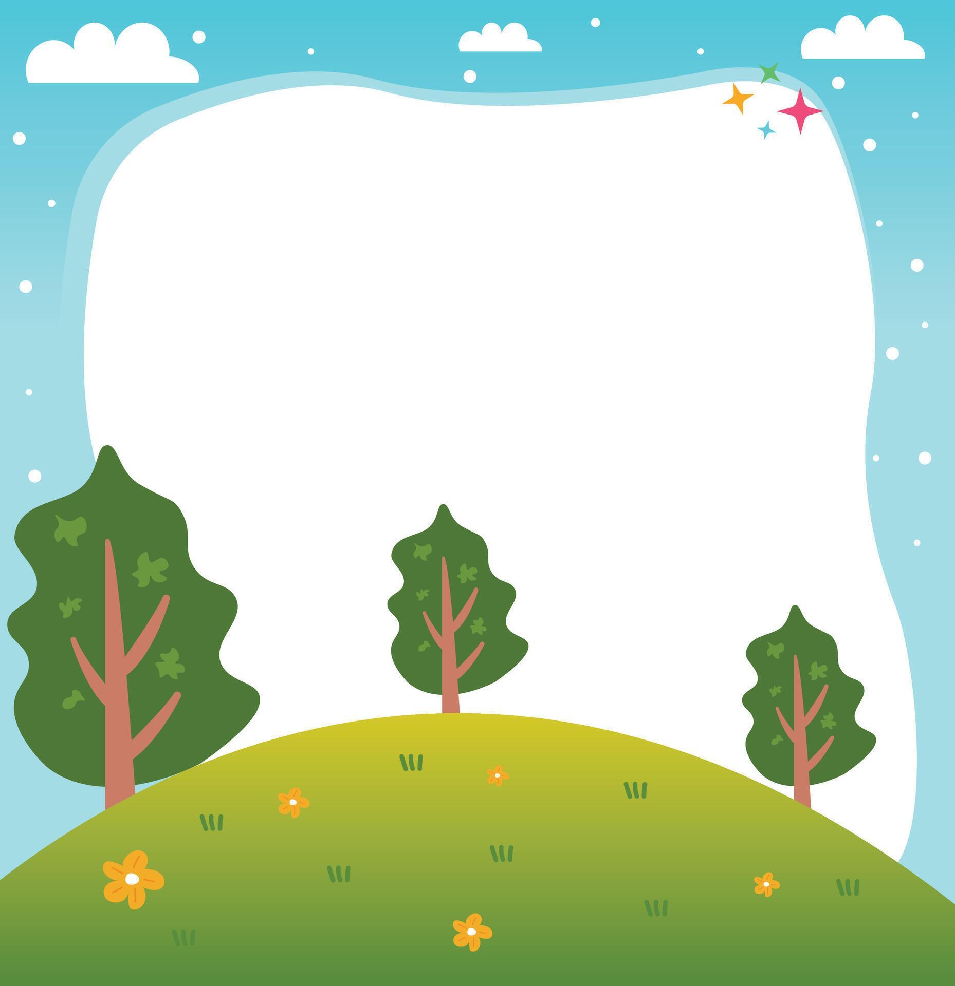 Green grass fields landscape vector background illustration with tree and flowers and empity space in the middle for text Stock Free