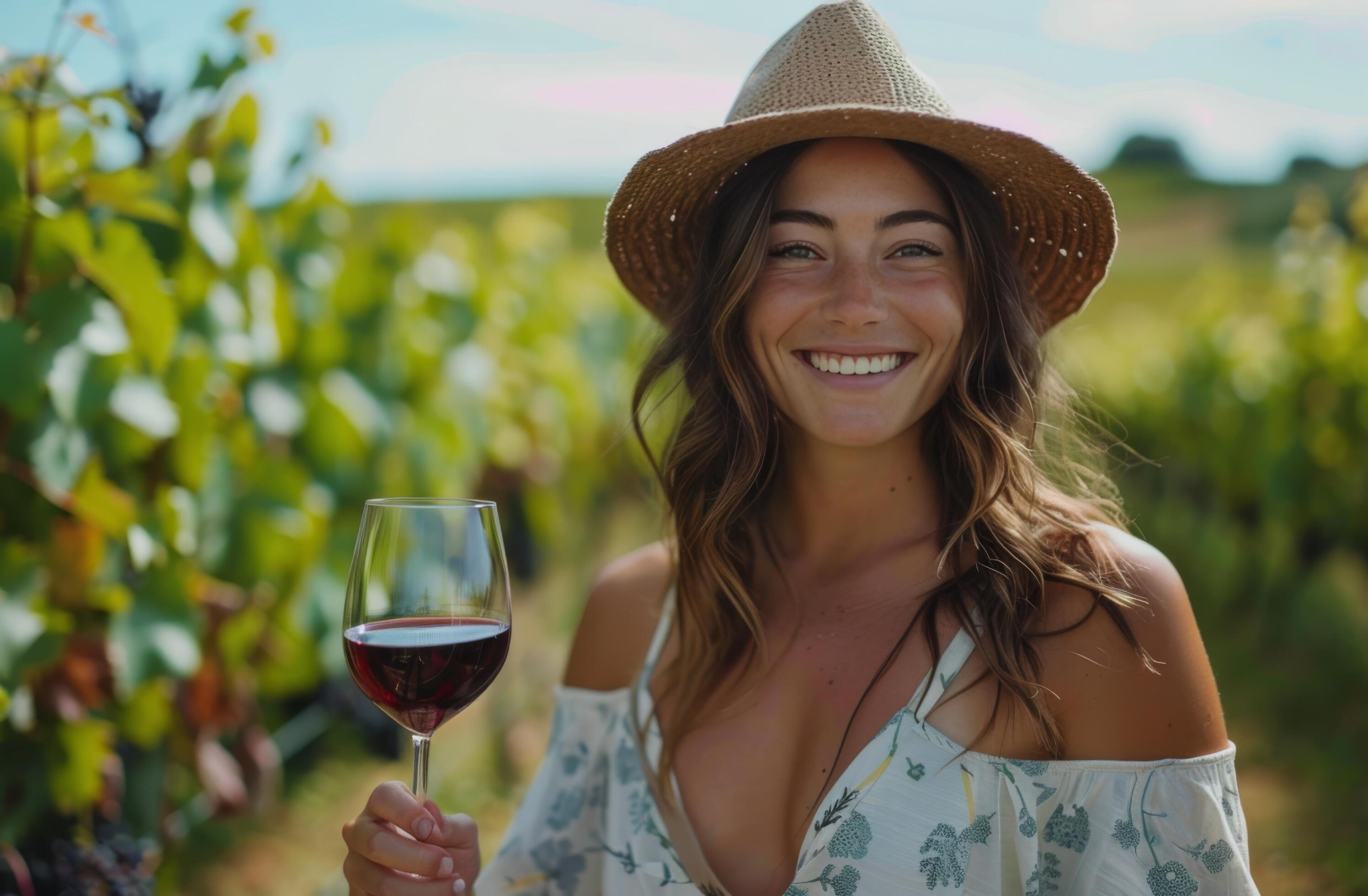 Woman In Straw Hat Holding Wine Glass In A Vineyard At Sunset Stock Free