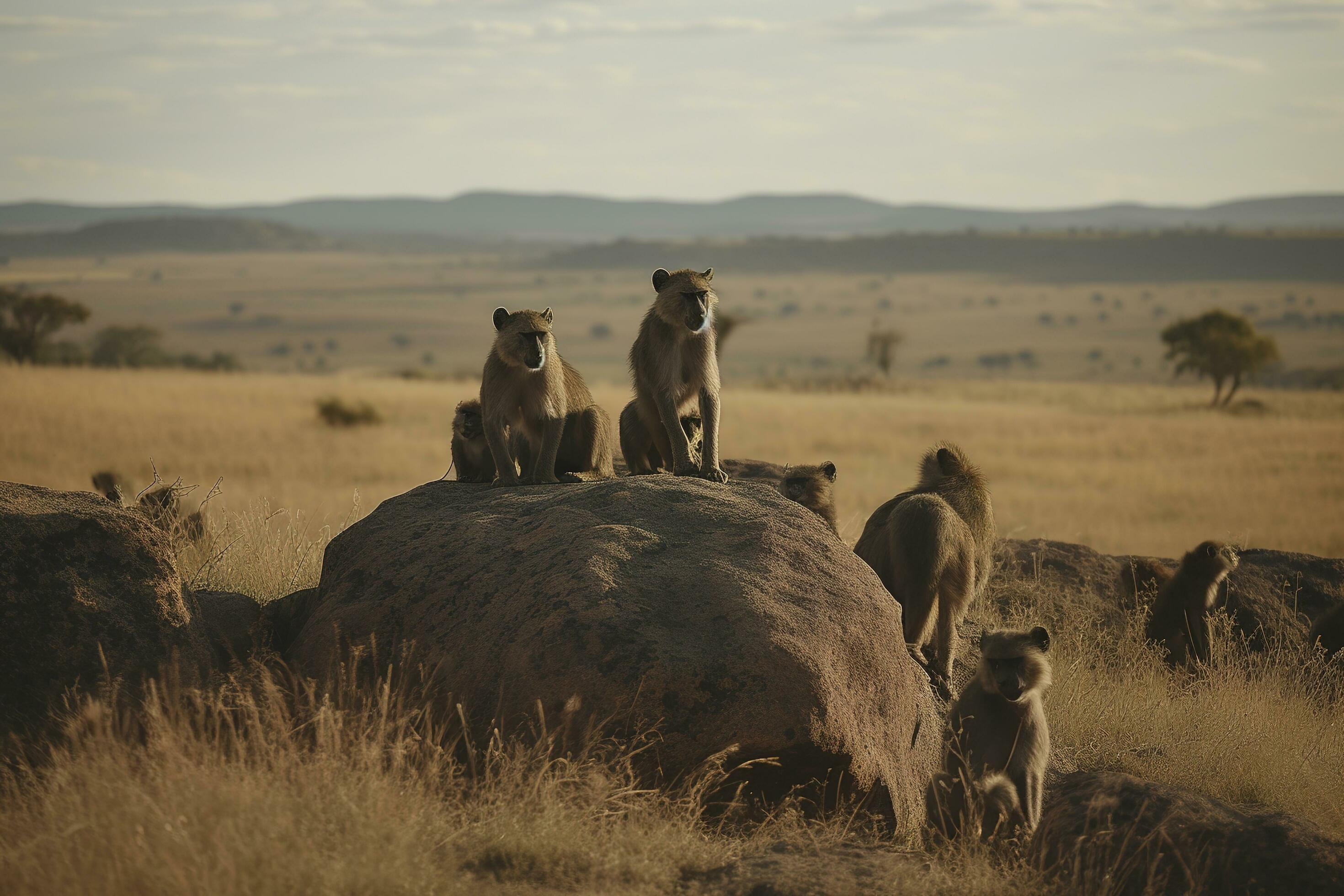 A family of baboons perched on a rocky outcropping in a savanna landscape, generate ai Stock Free