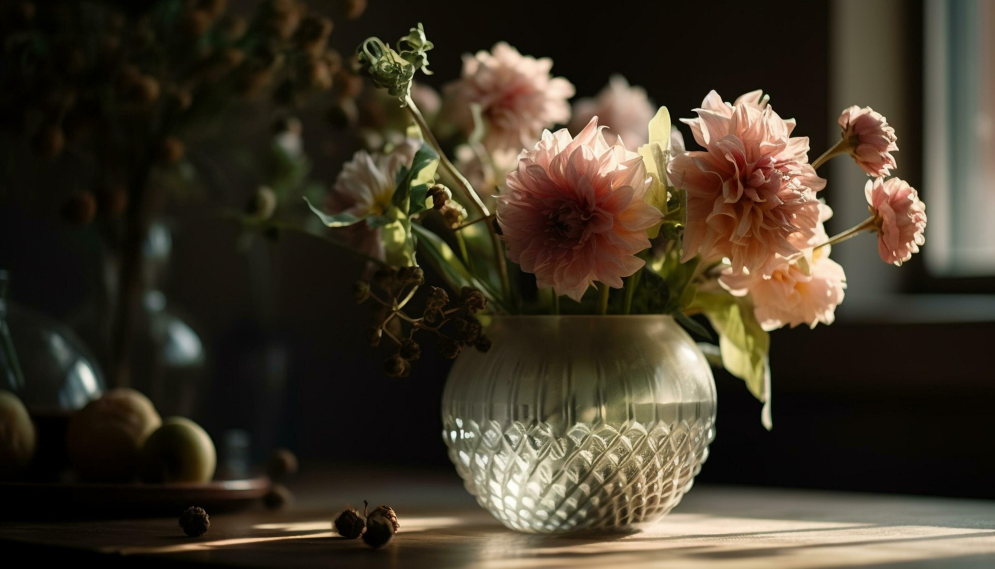 Fresh flower bouquet on rustic wooden table generated by AI Stock Free