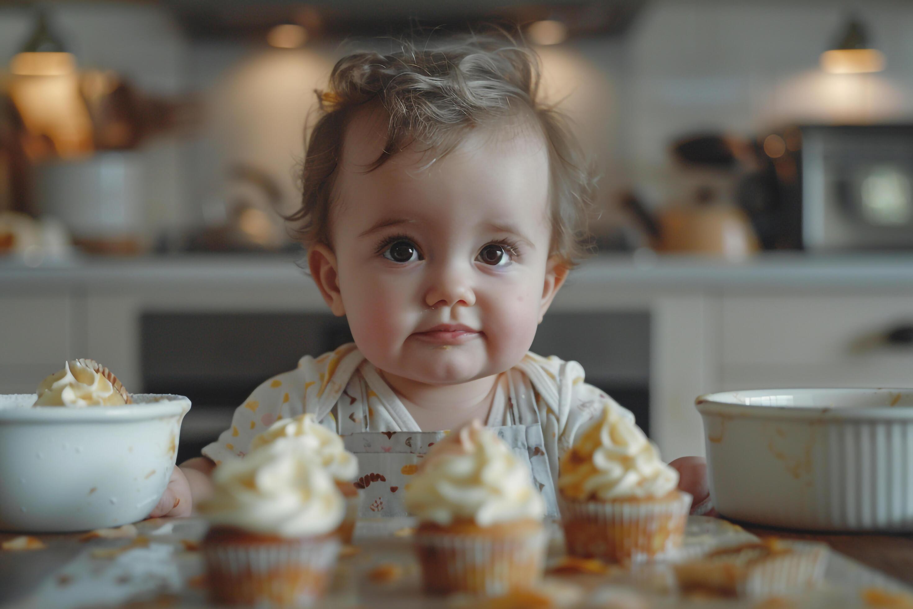 Baby Assisting with Cupcake Baking in a Kitchen for Family Cooking Experiences Stock Free