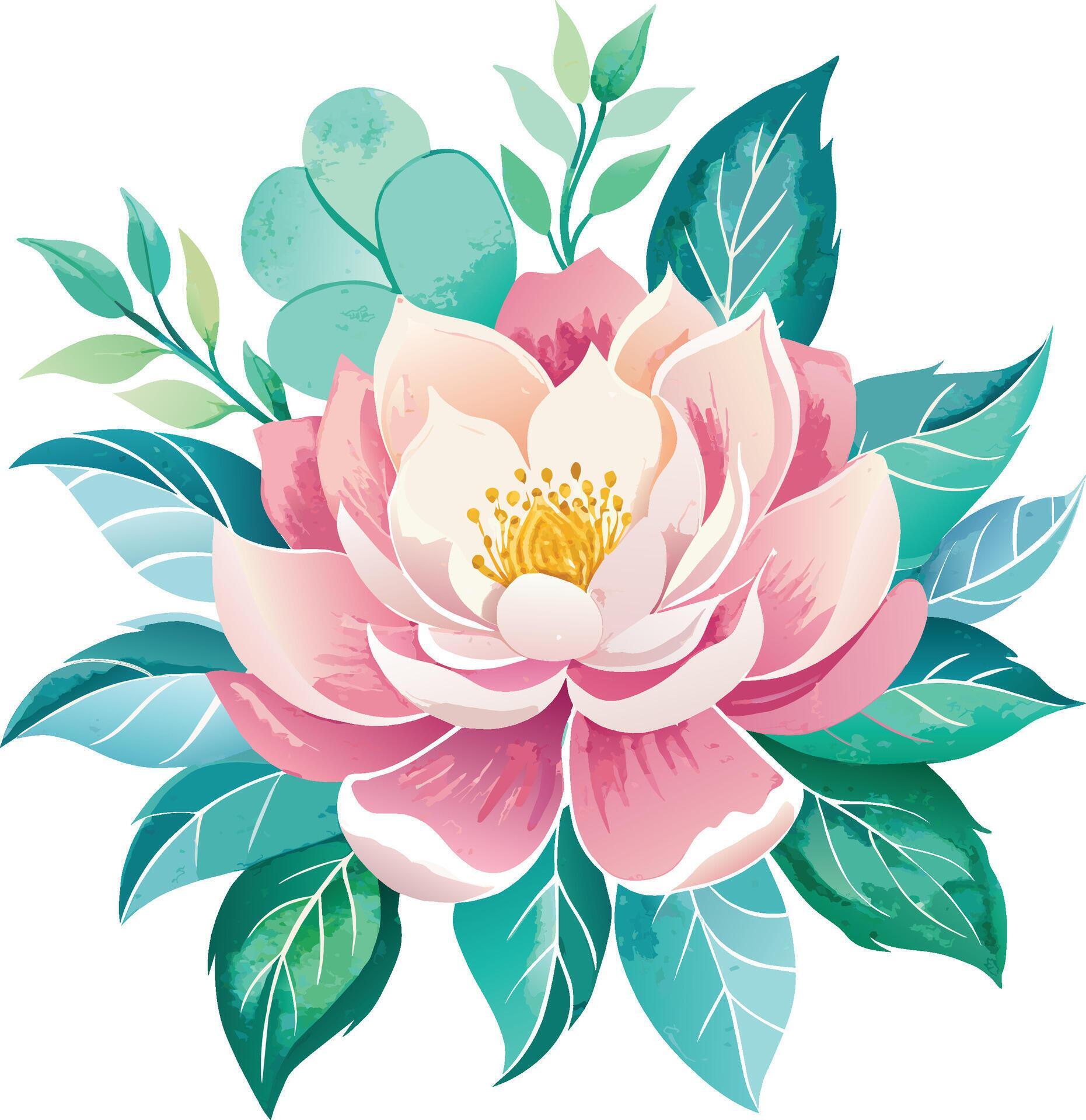 Beautiful Watercolor pink rose flower with green leaves on white background. Vector illustration. Stock Free