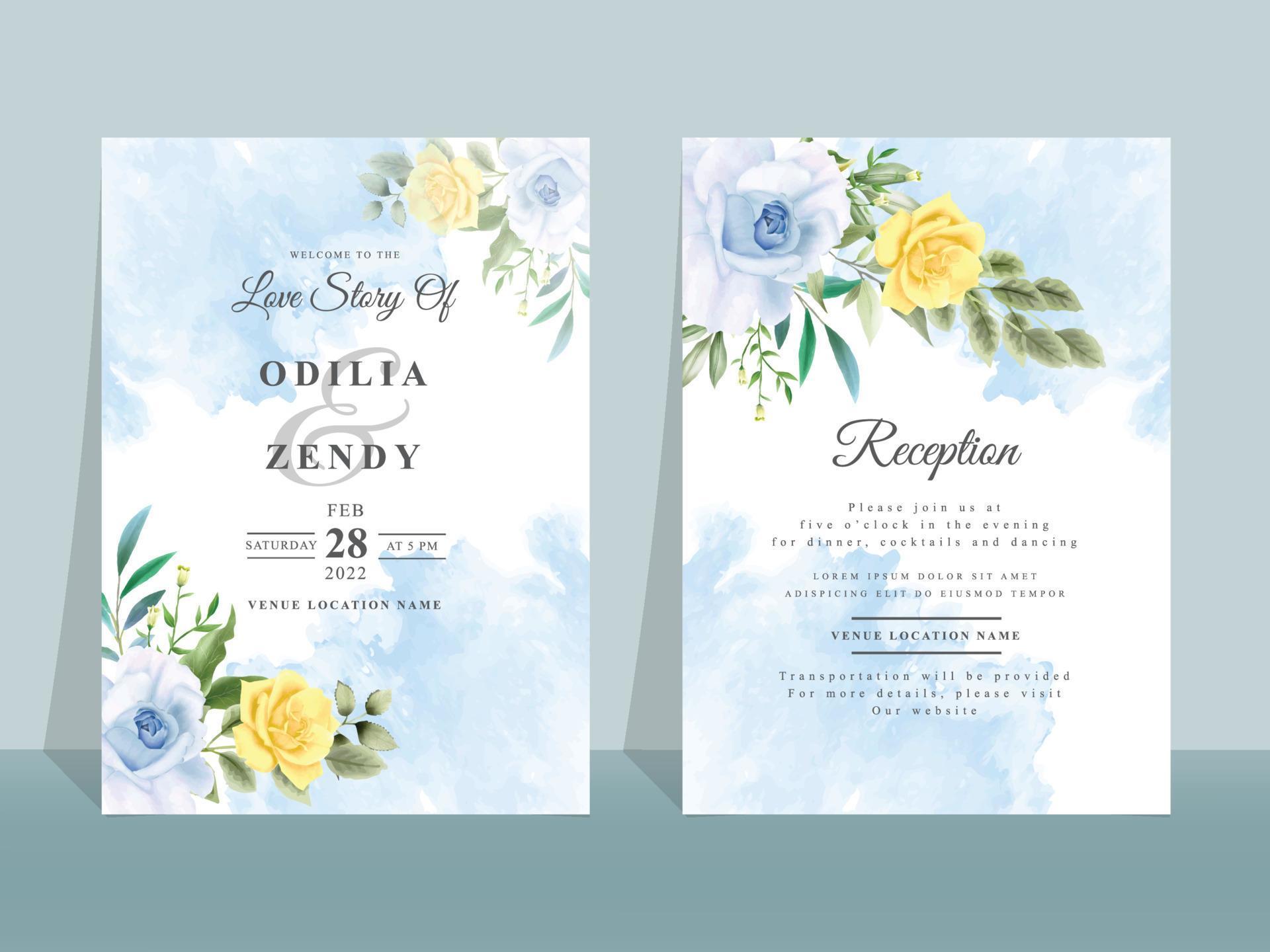 Wedding invitation card with beautiful blue and yellow flowers Stock Free