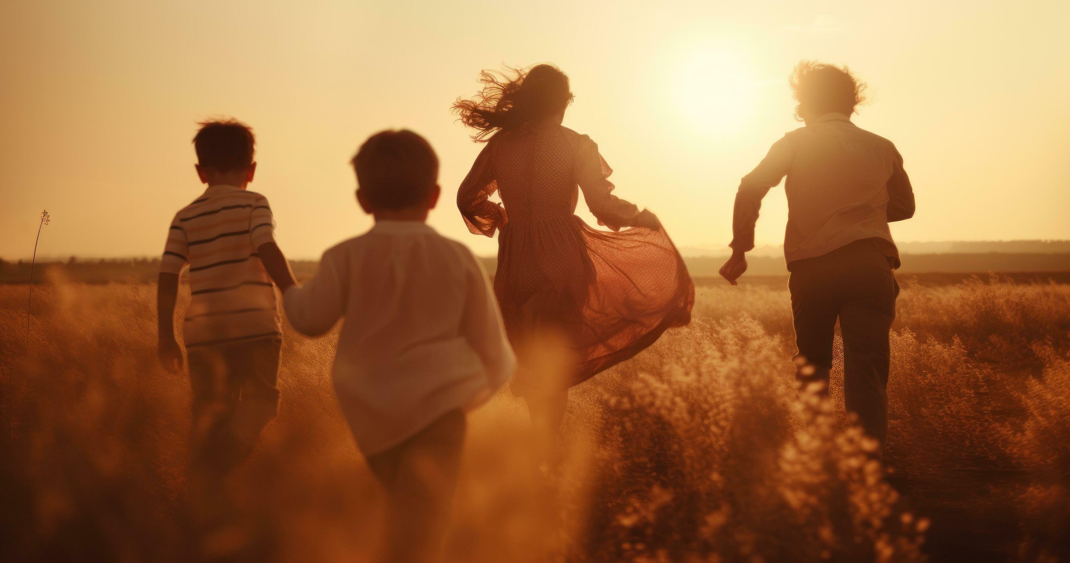 Happy family in running in summer field Stock Free