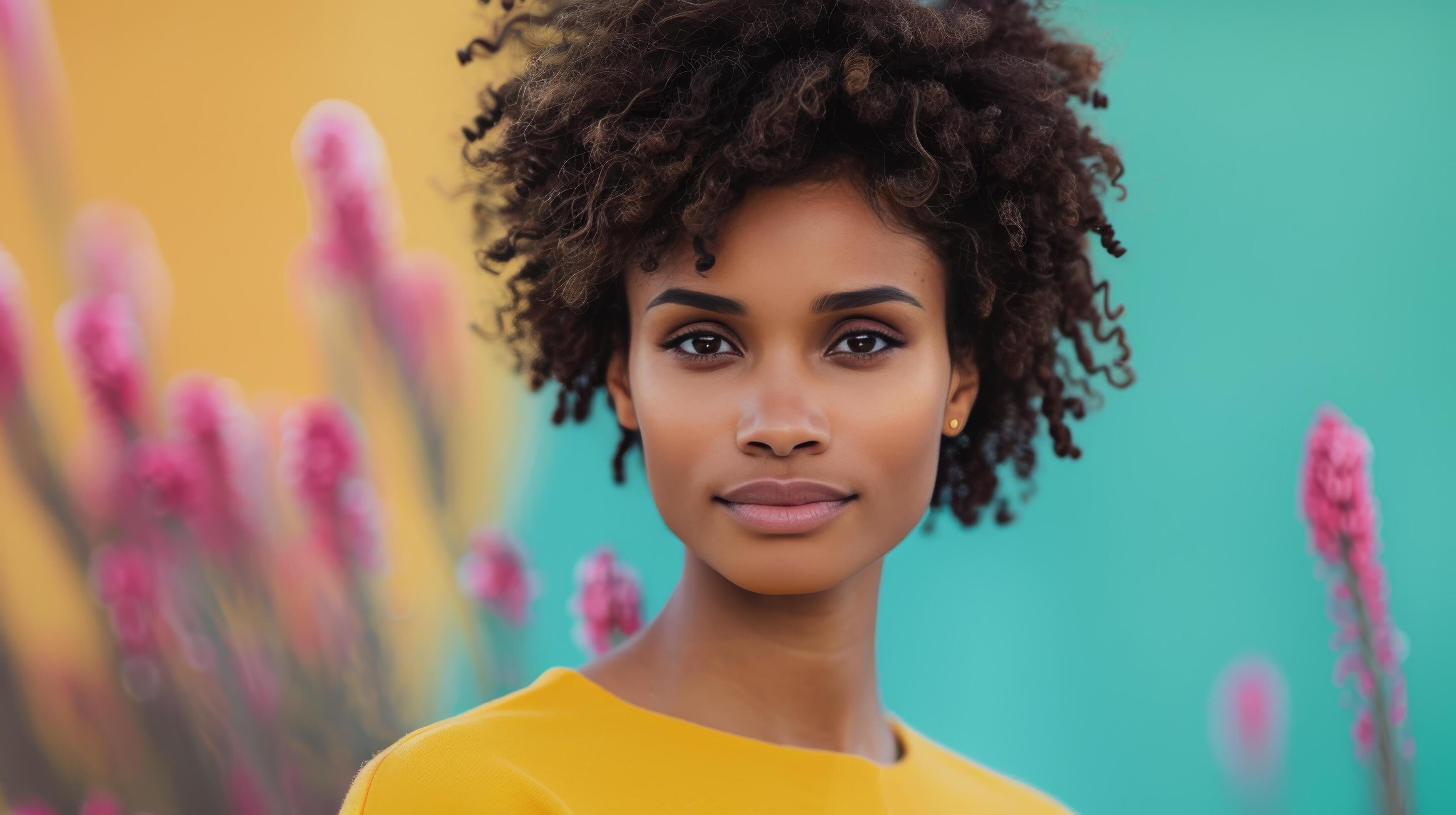 Smiling Young Girl With Natural Hair Posing Against Colorful Background in Bright Room Stock Free